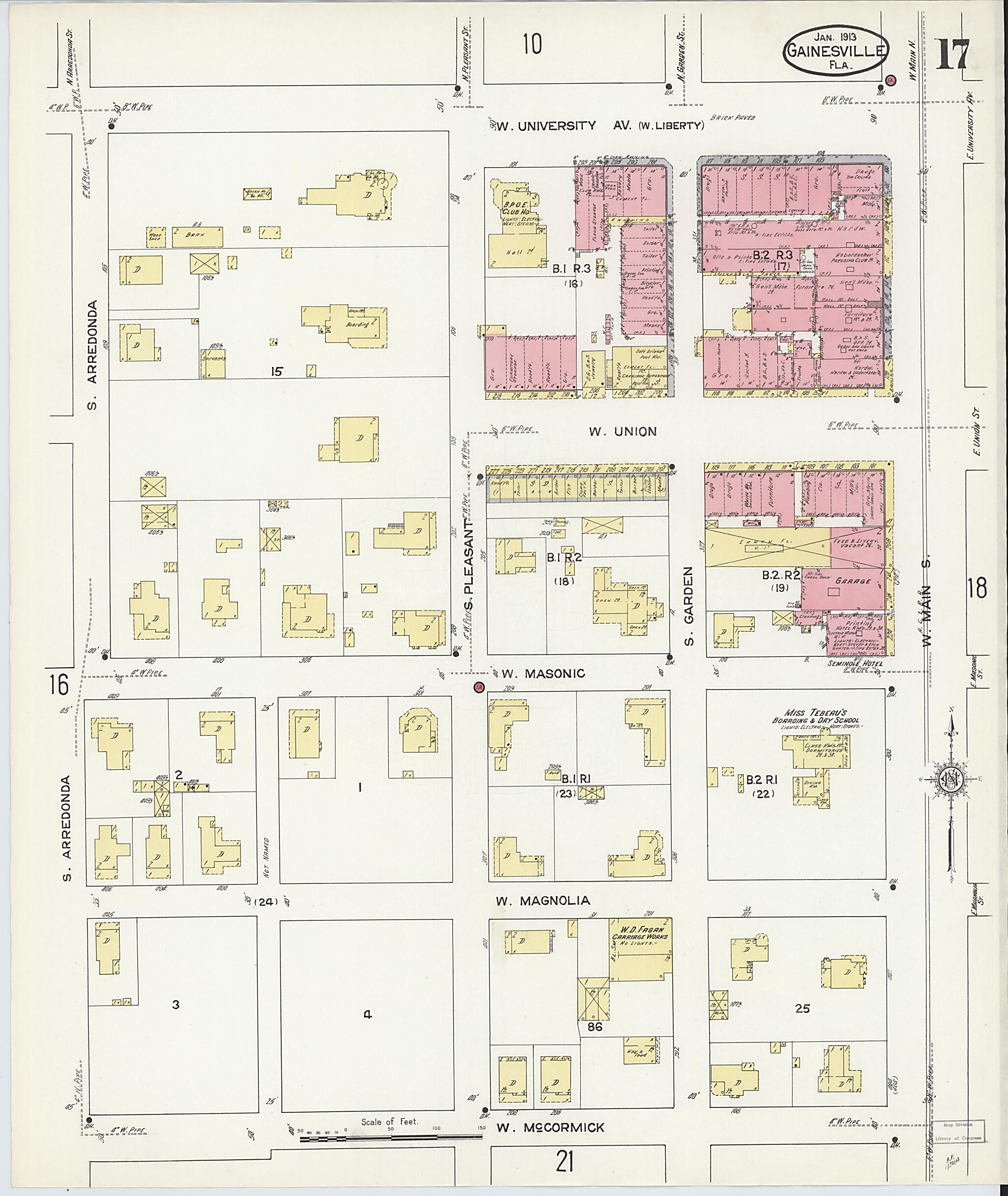 This old map of Gainesville, Alachua County, Florida was created by Sanborn Map Company in 1913