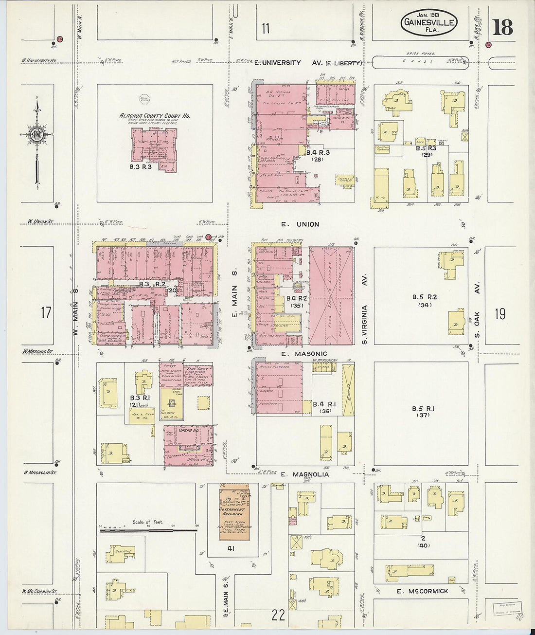 This old map of Gainesville, Alachua County, Florida was created by Sanborn Map Company in 1913