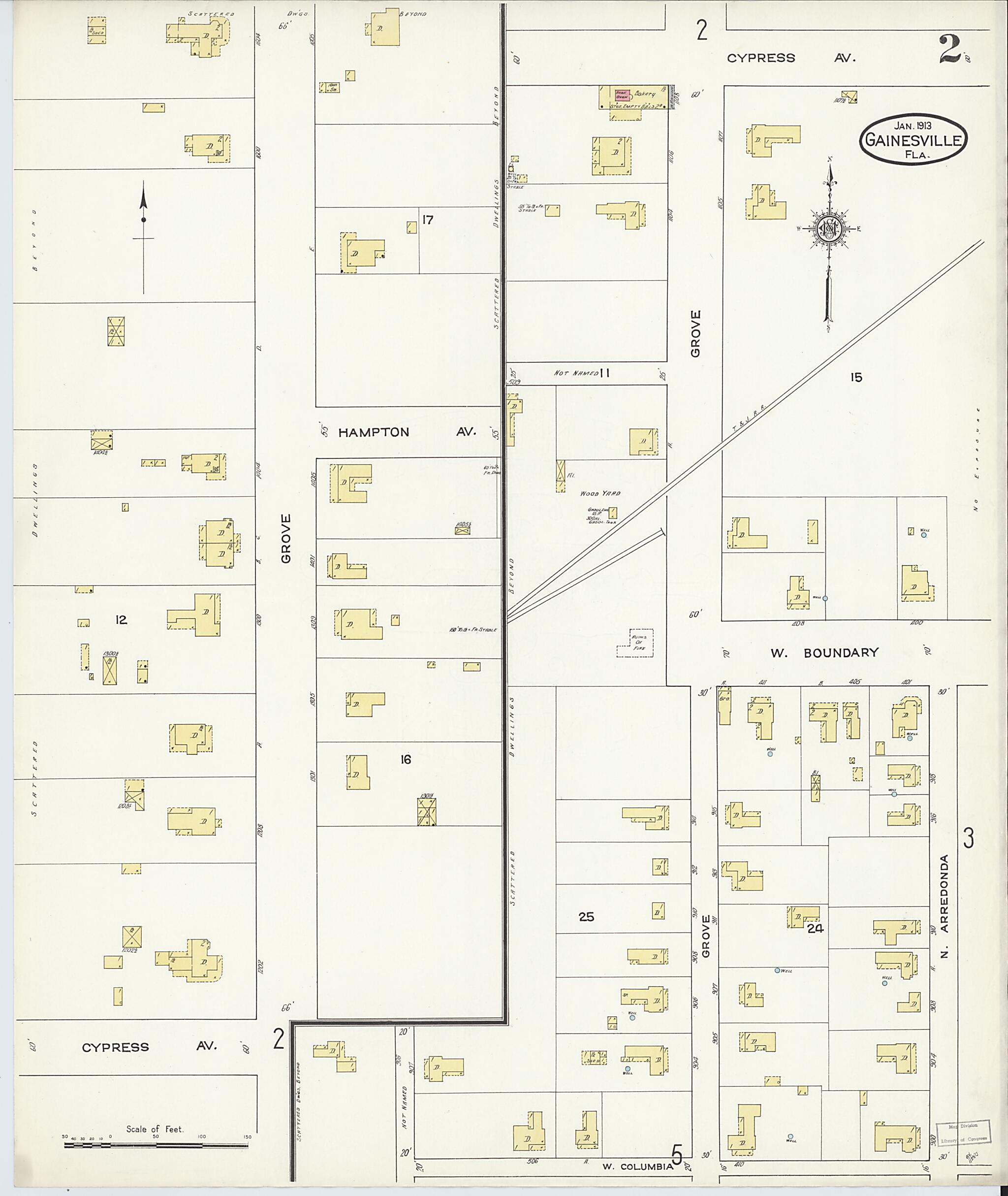 This old map of Gainesville, Alachua County, Florida was created by Sanborn Map Company in 1913