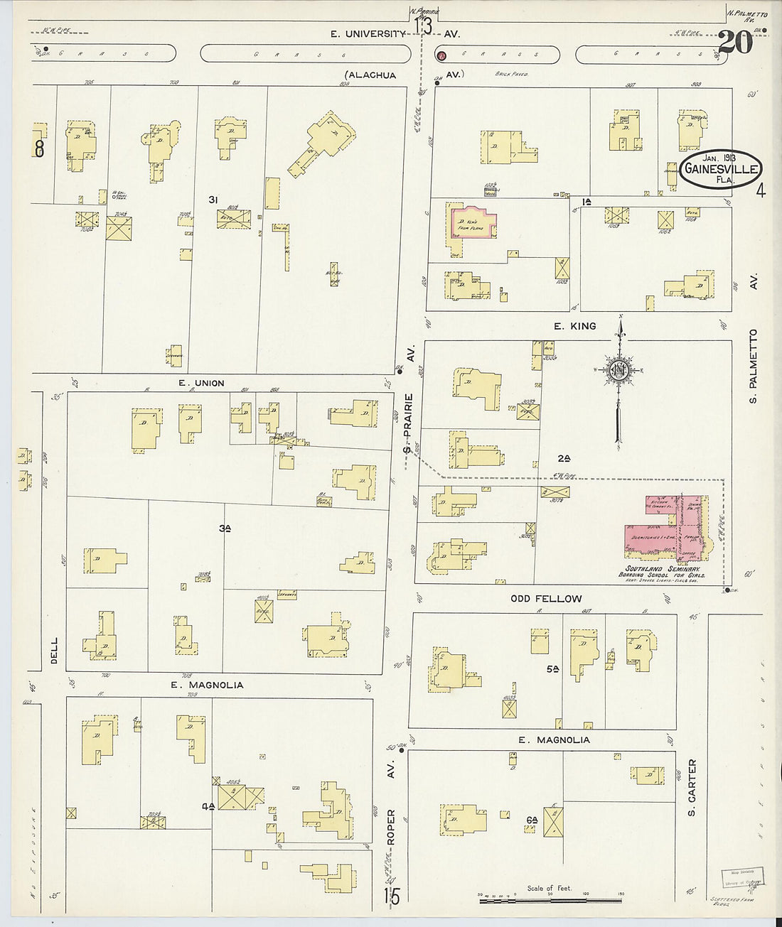 This old map of Gainesville, Alachua County, Florida was created by Sanborn Map Company in 1913