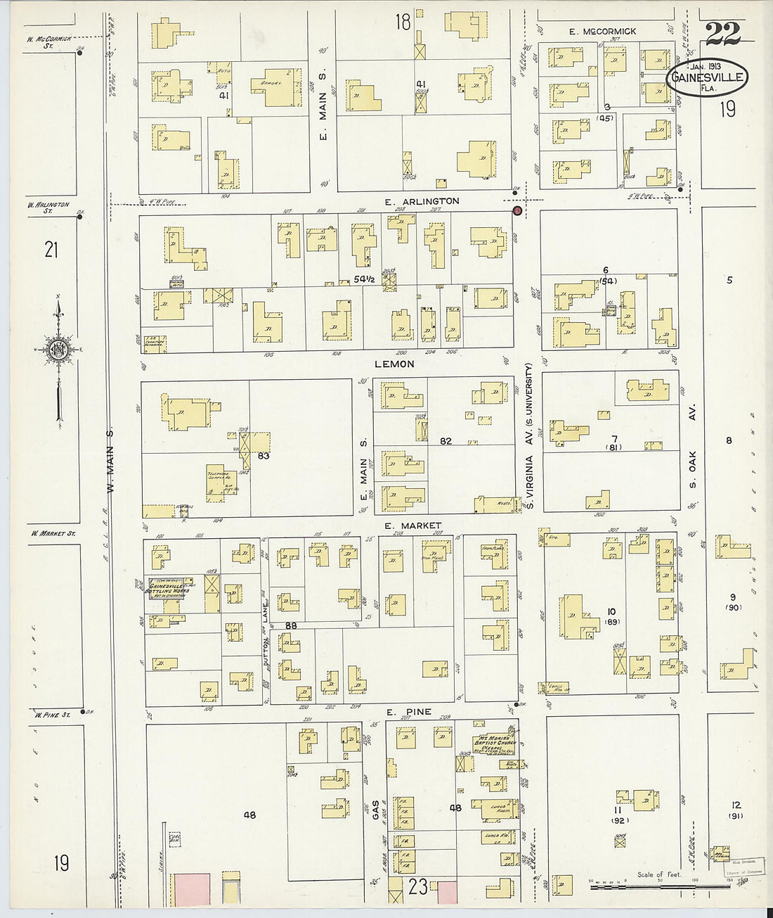This old map of Gainesville, Alachua County, Florida was created by Sanborn Map Company in 1913
