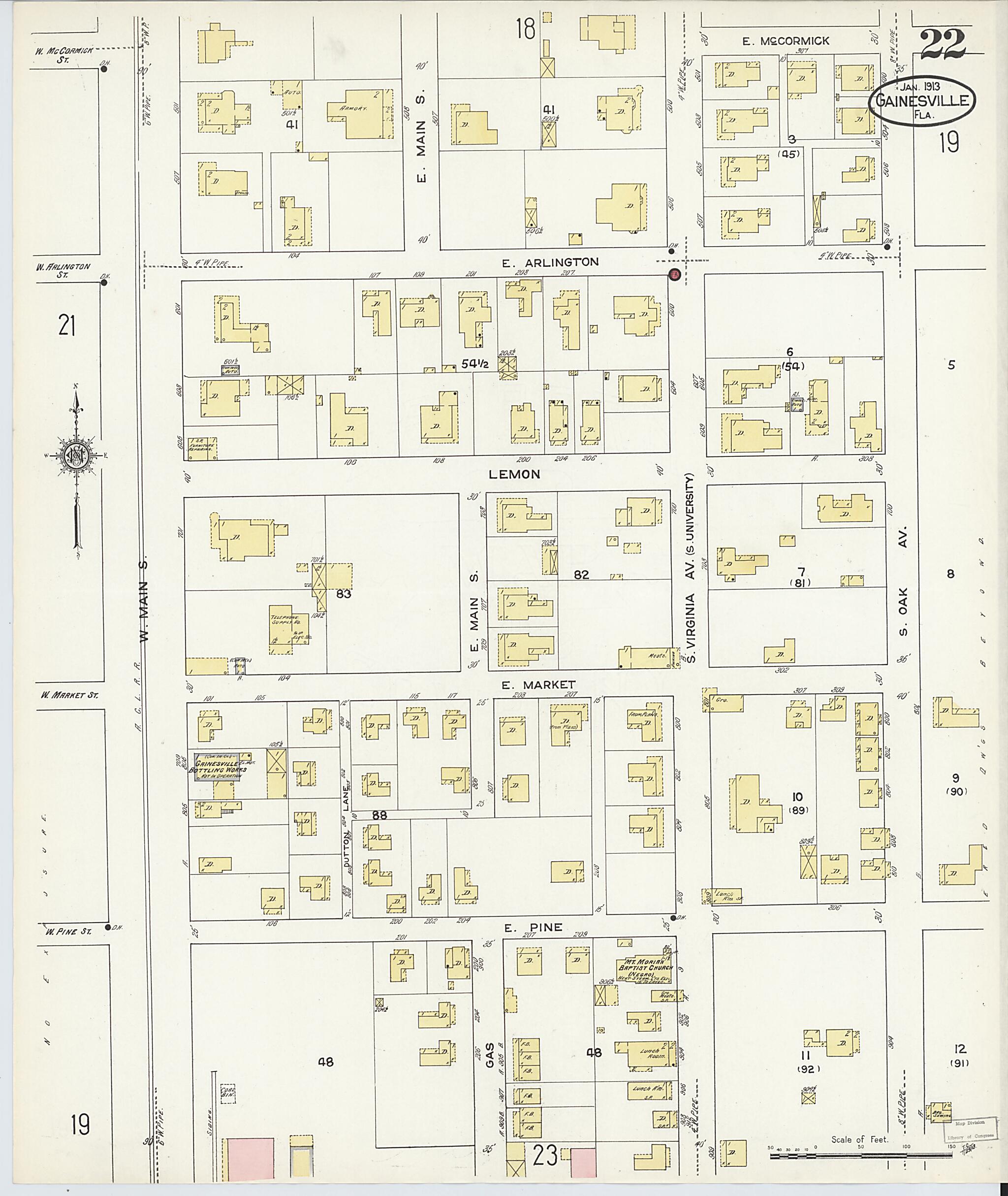 This old map of Gainesville, Alachua County, Florida was created by Sanborn Map Company in 1913