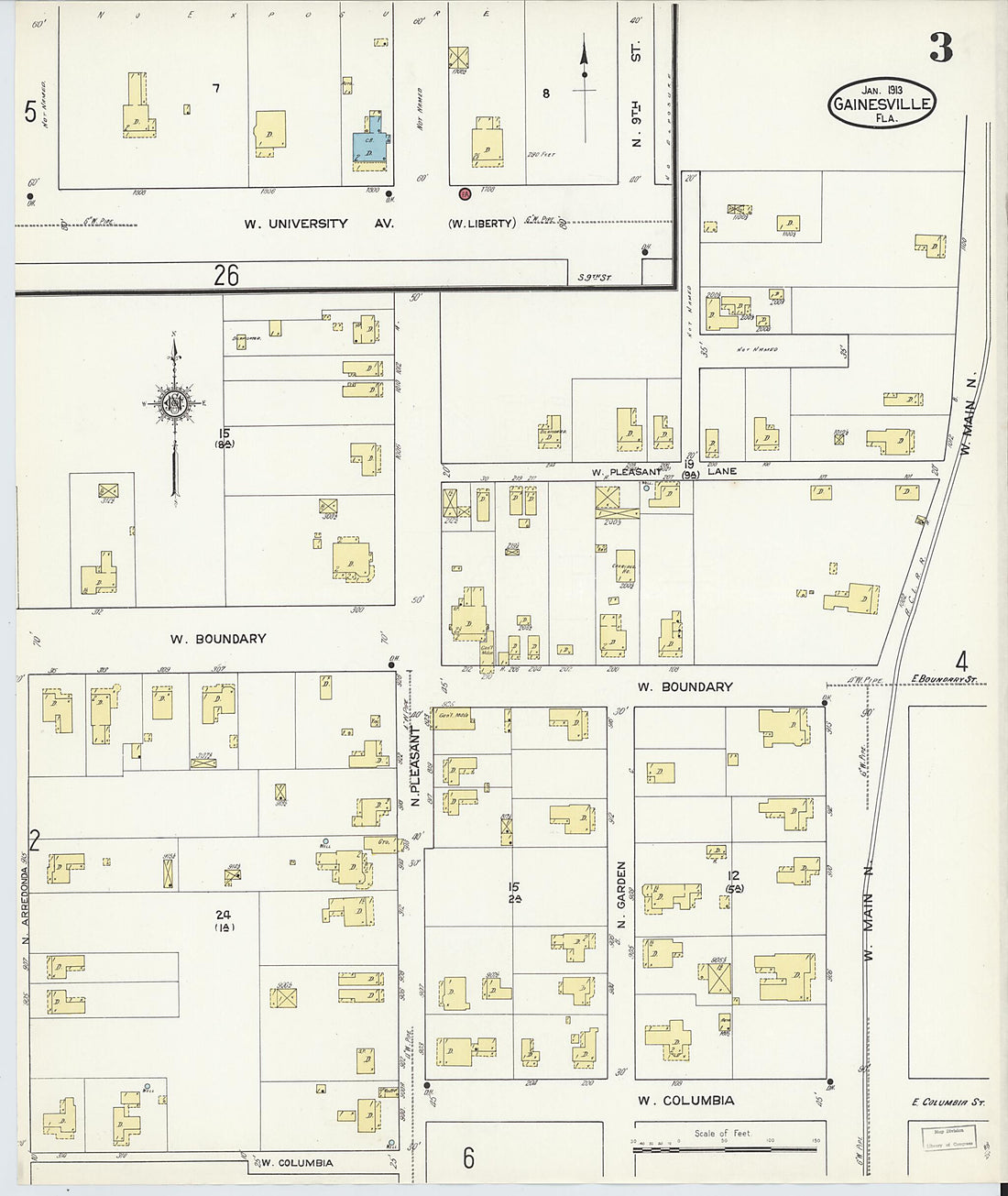 This old map of Gainesville, Alachua County, Florida was created by Sanborn Map Company in 1913