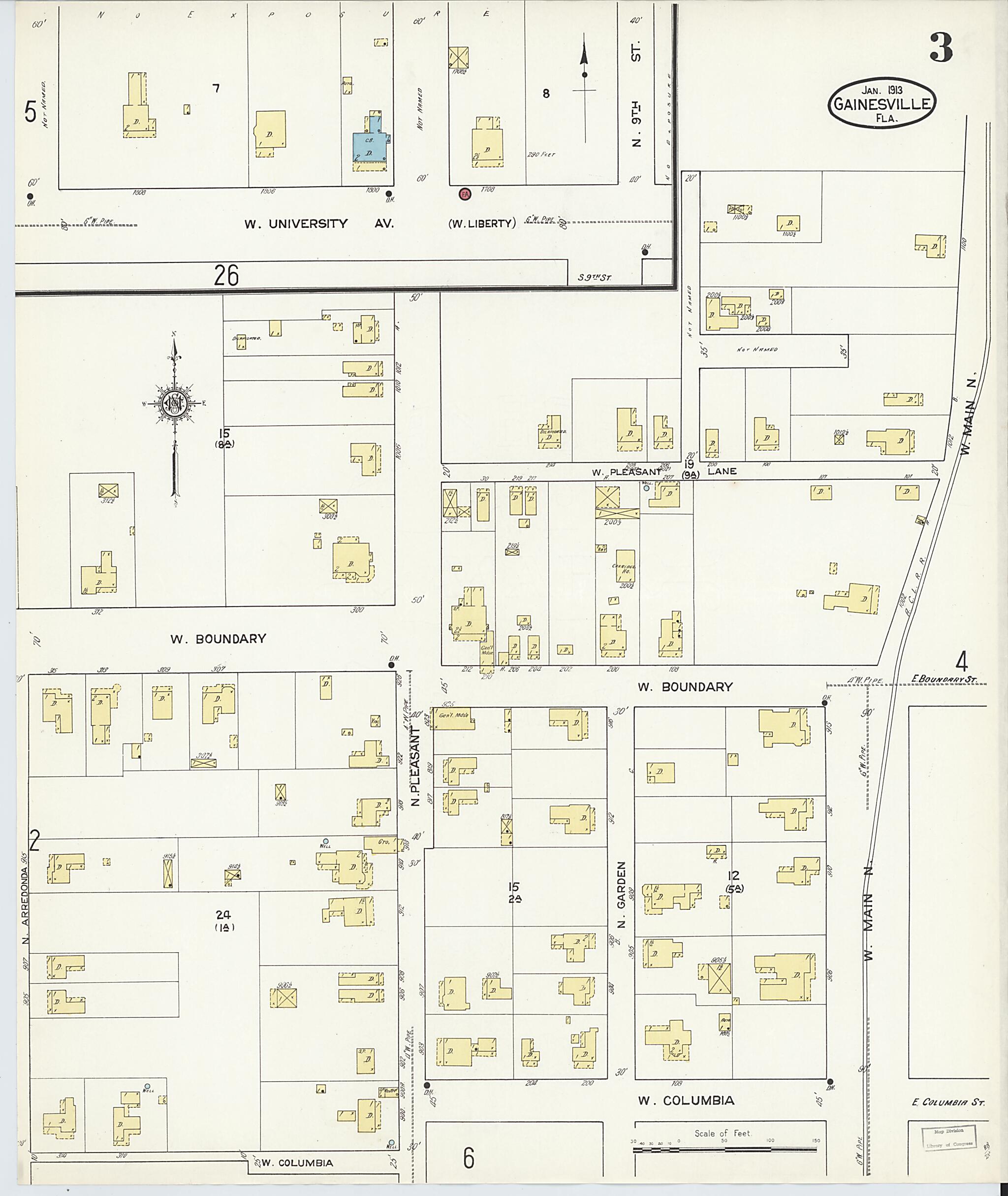 This old map of Gainesville, Alachua County, Florida was created by Sanborn Map Company in 1913