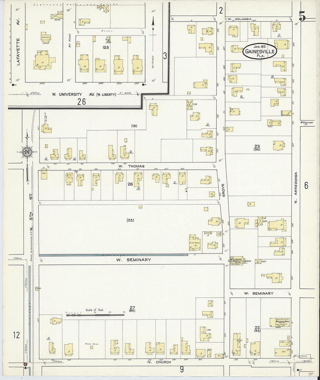 This old map of Gainesville, Alachua County, Florida was created by Sanborn Map Company in 1913