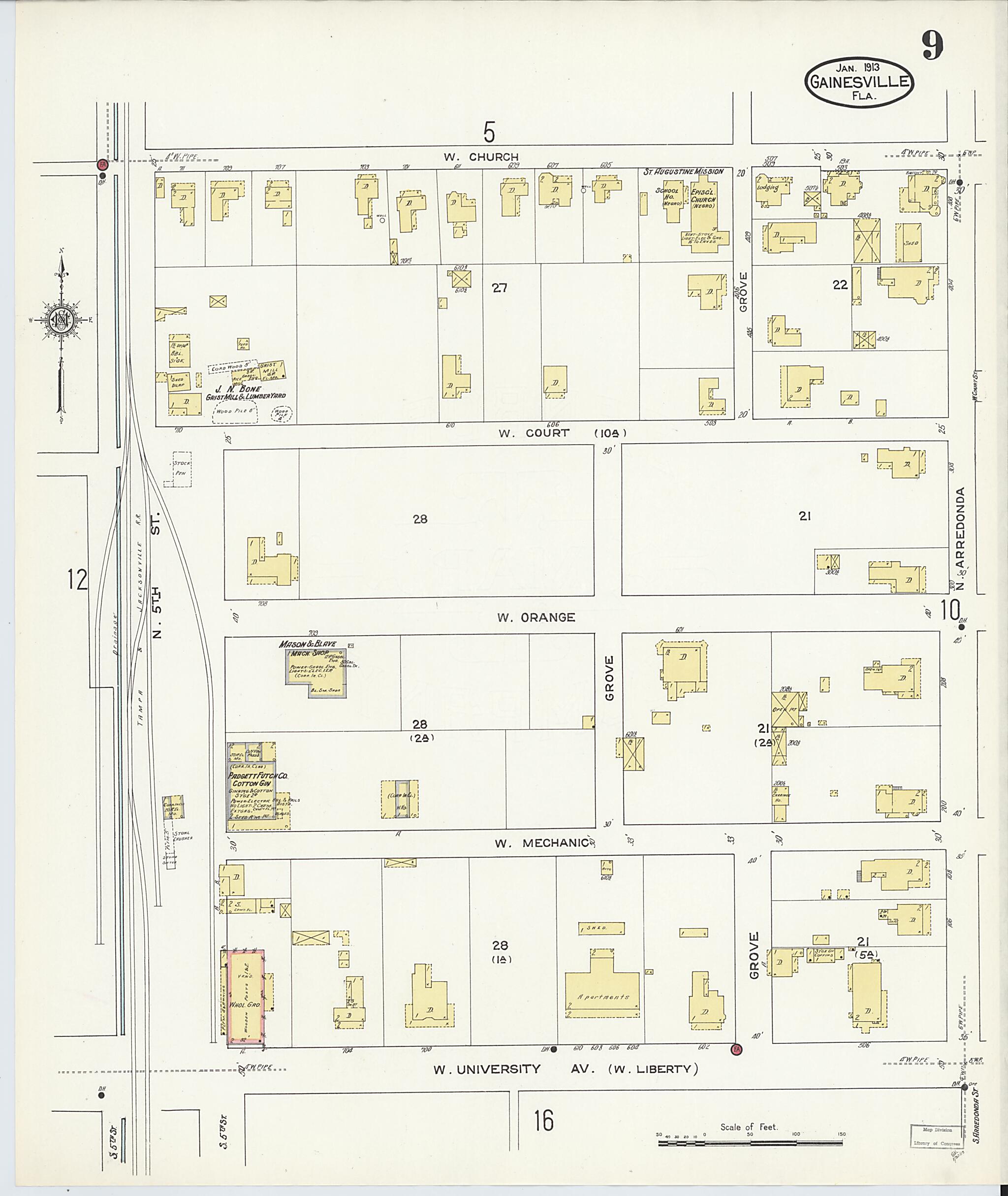 This old map of Gainesville, Alachua County, Florida was created by Sanborn Map Company in 1913