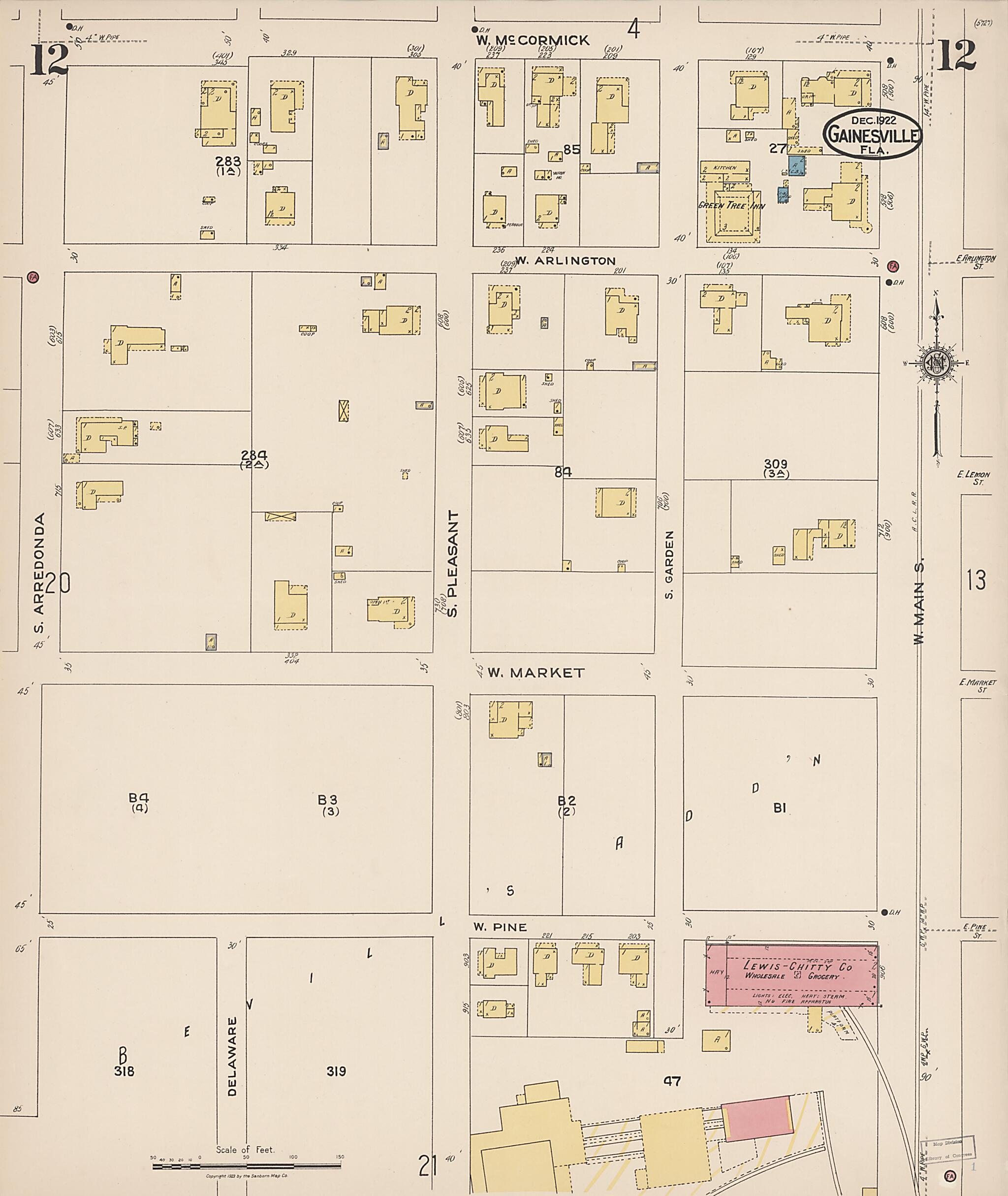 This old map of Gainesville, Alachua County, Florida was created by Sanborn Map Company in 1922