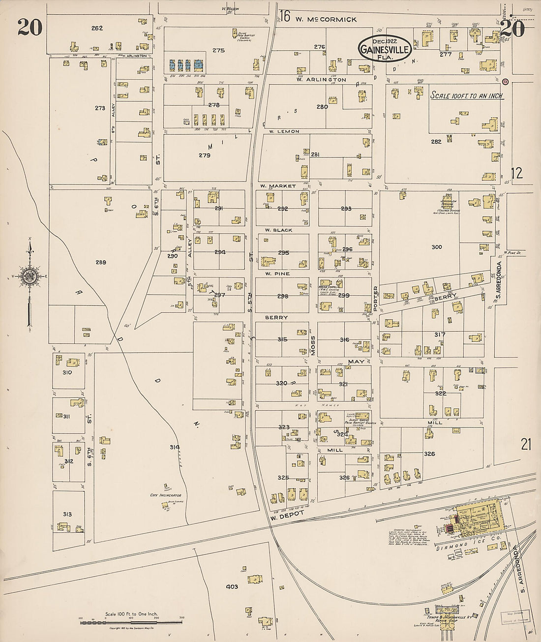 This old map of Gainesville, Alachua County, Florida was created by Sanborn Map Company in 1922