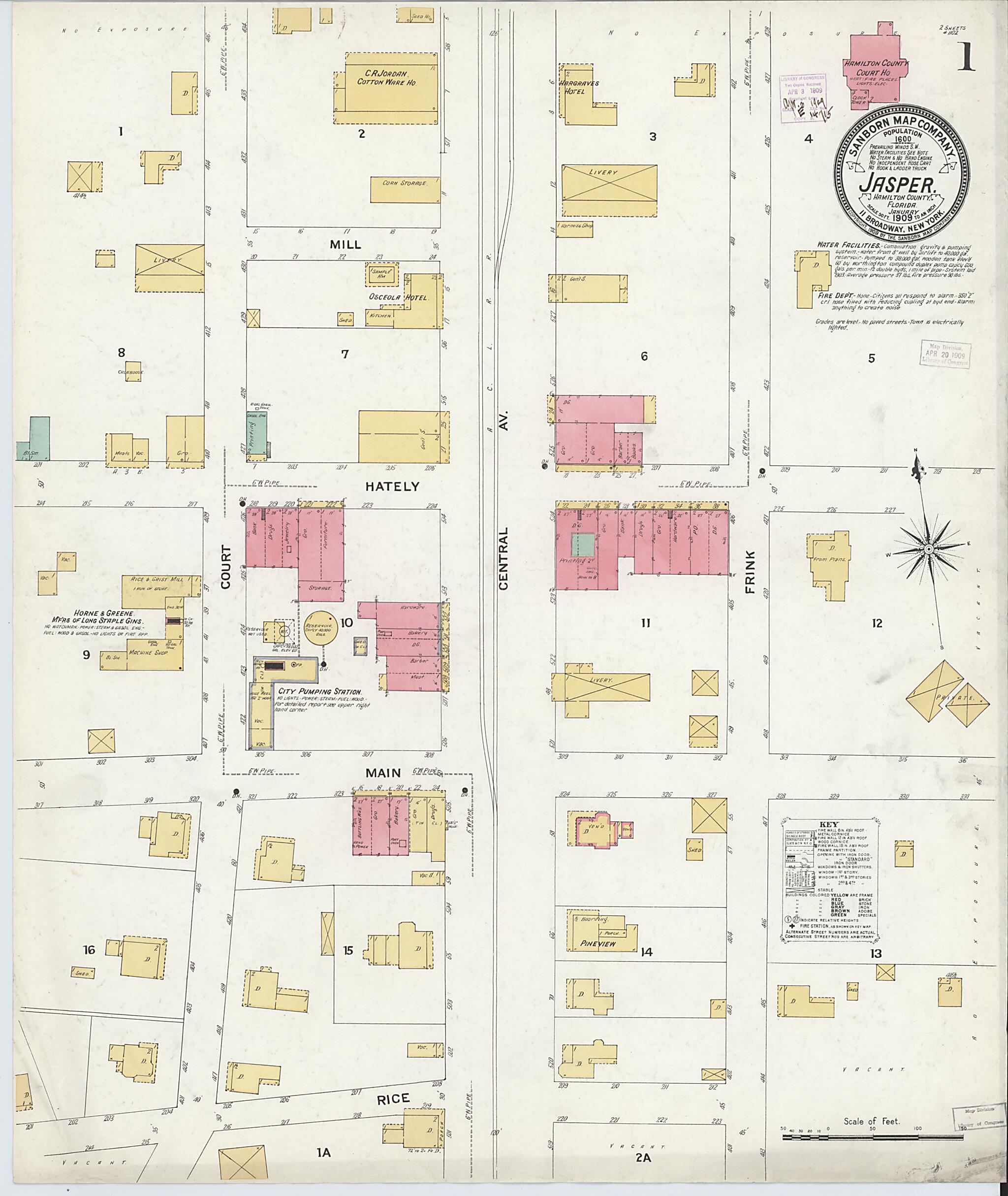 This old map of Jasper, Hamilton County, Florida was created by Sanborn Map Company in 1909