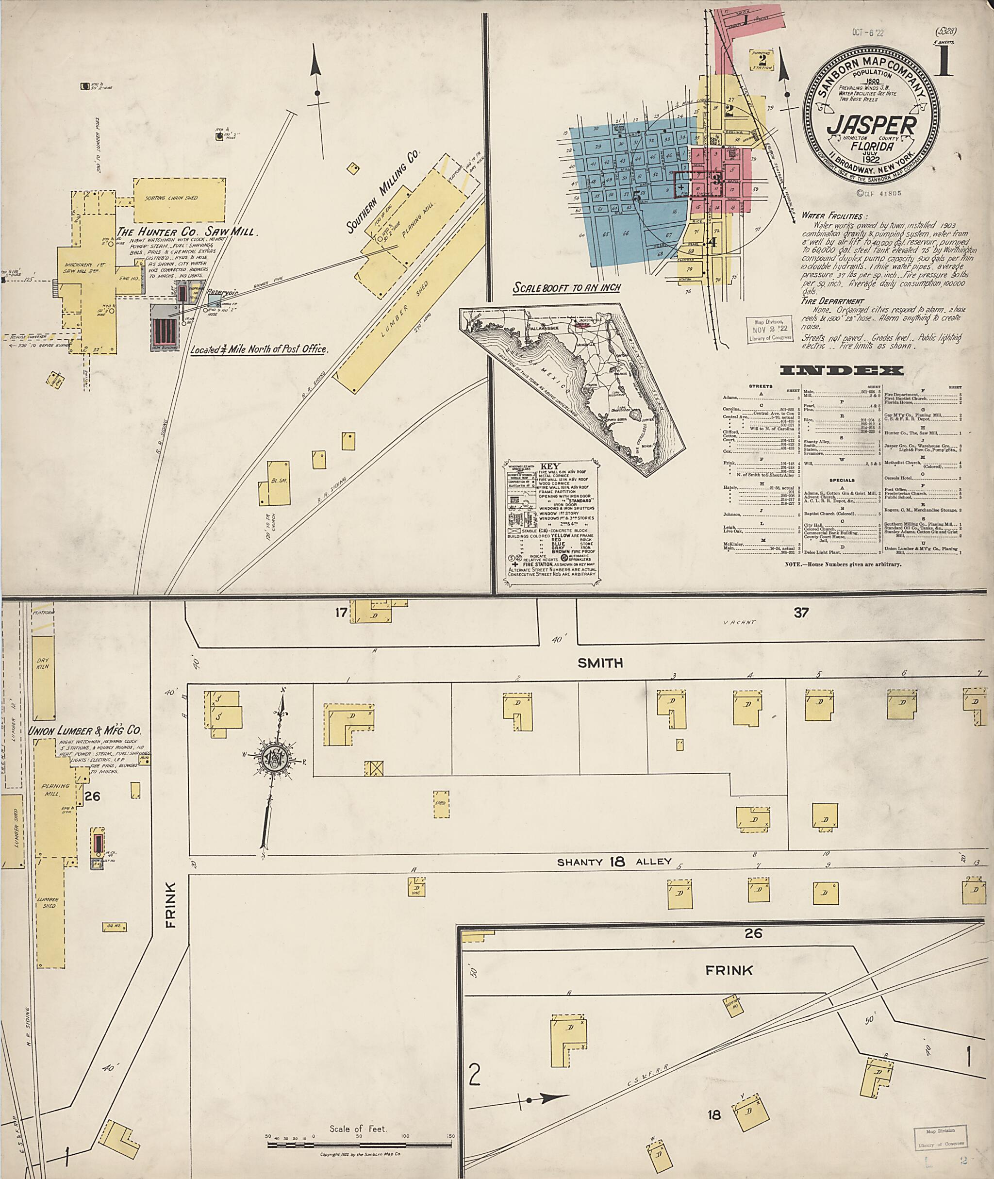This old map of Jasper, Hamilton County, Florida was created by Sanborn Map Company in 1922