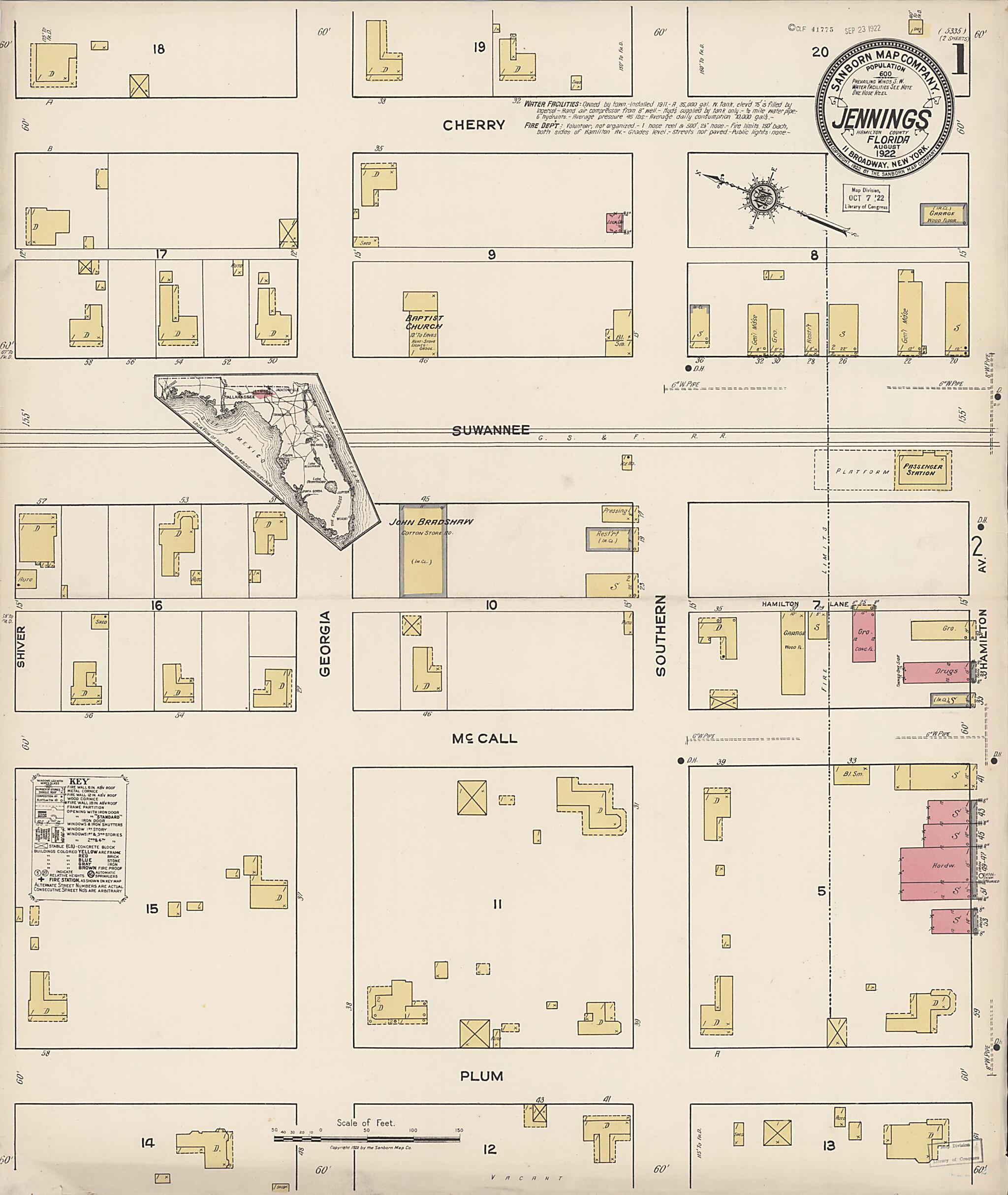 This old map of Jennings, Hamilton County, Florida was created by Sanborn Map Company in 1922