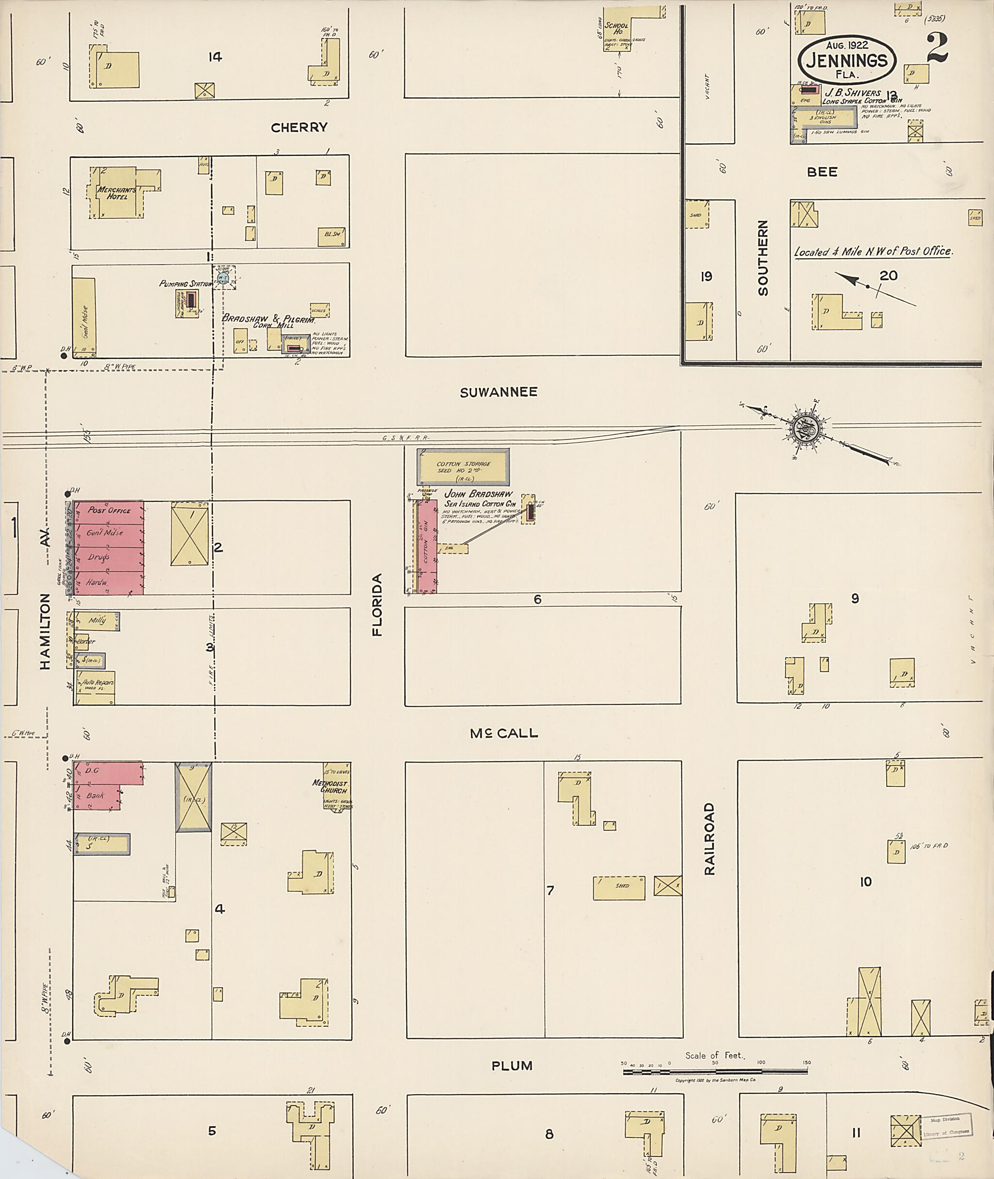 This old map of Jennings, Hamilton County, Florida was created by Sanborn Map Company in 1922
