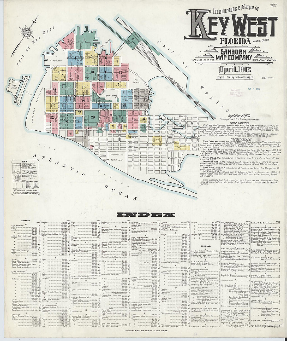 This old map of Key West, Monroe County, Florida was created by Sanborn Map Company in 1912