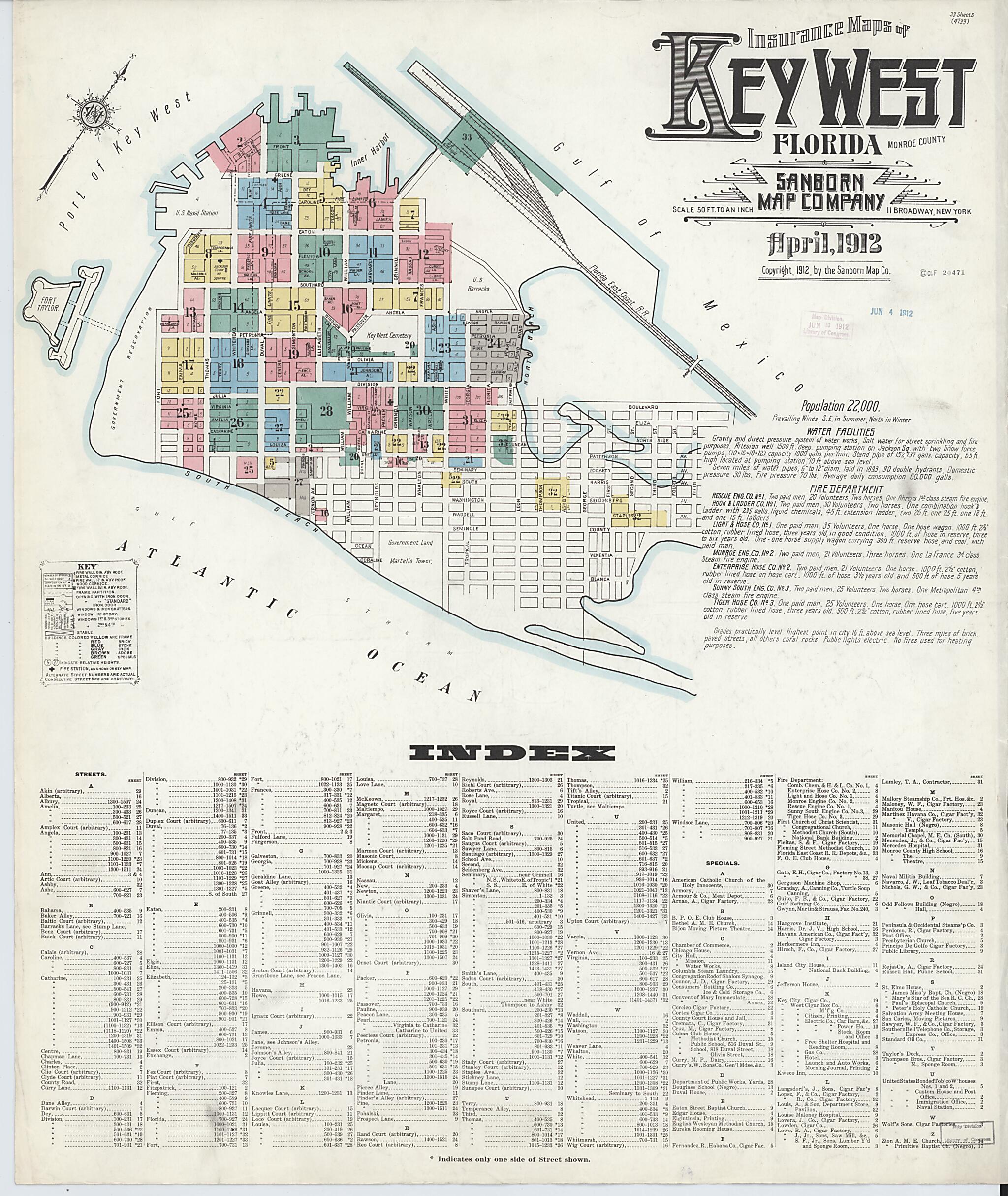 This old map of Key West, Monroe County, Florida was created by Sanborn Map Company in 1912