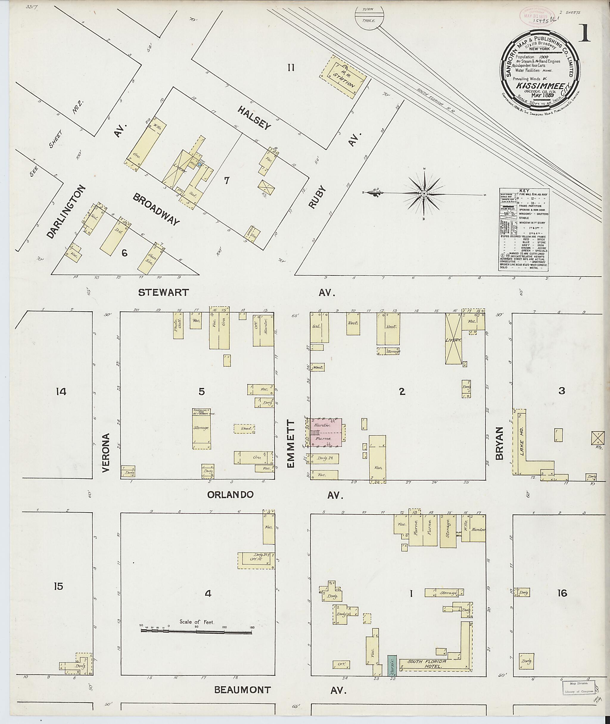 This old map of Kissimmee, Osceola County, Florida was created by Sanborn Map Company in 1889