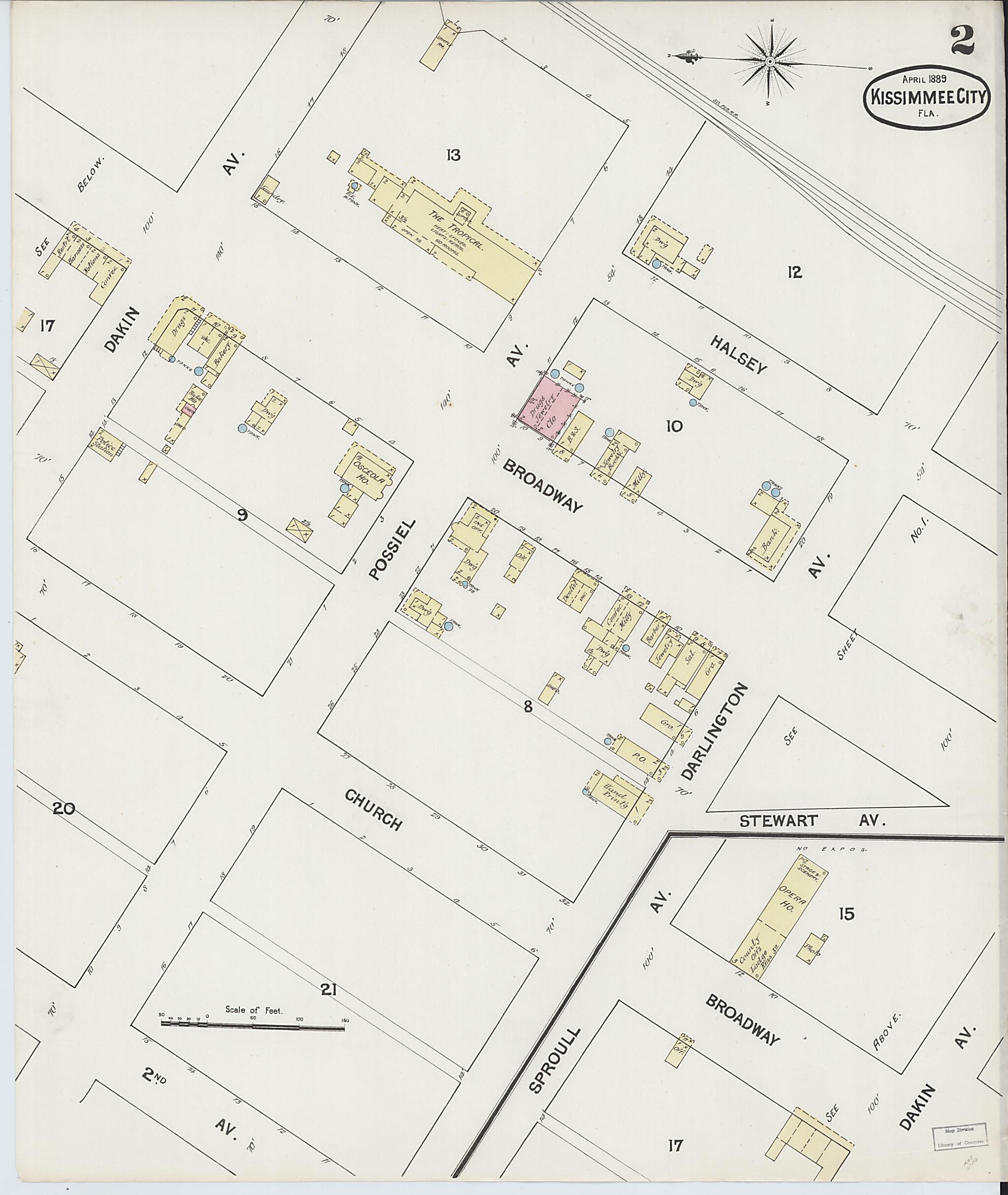 This old map of Kissimmee, Osceola County, Florida was created by Sanborn Map Company in 1889