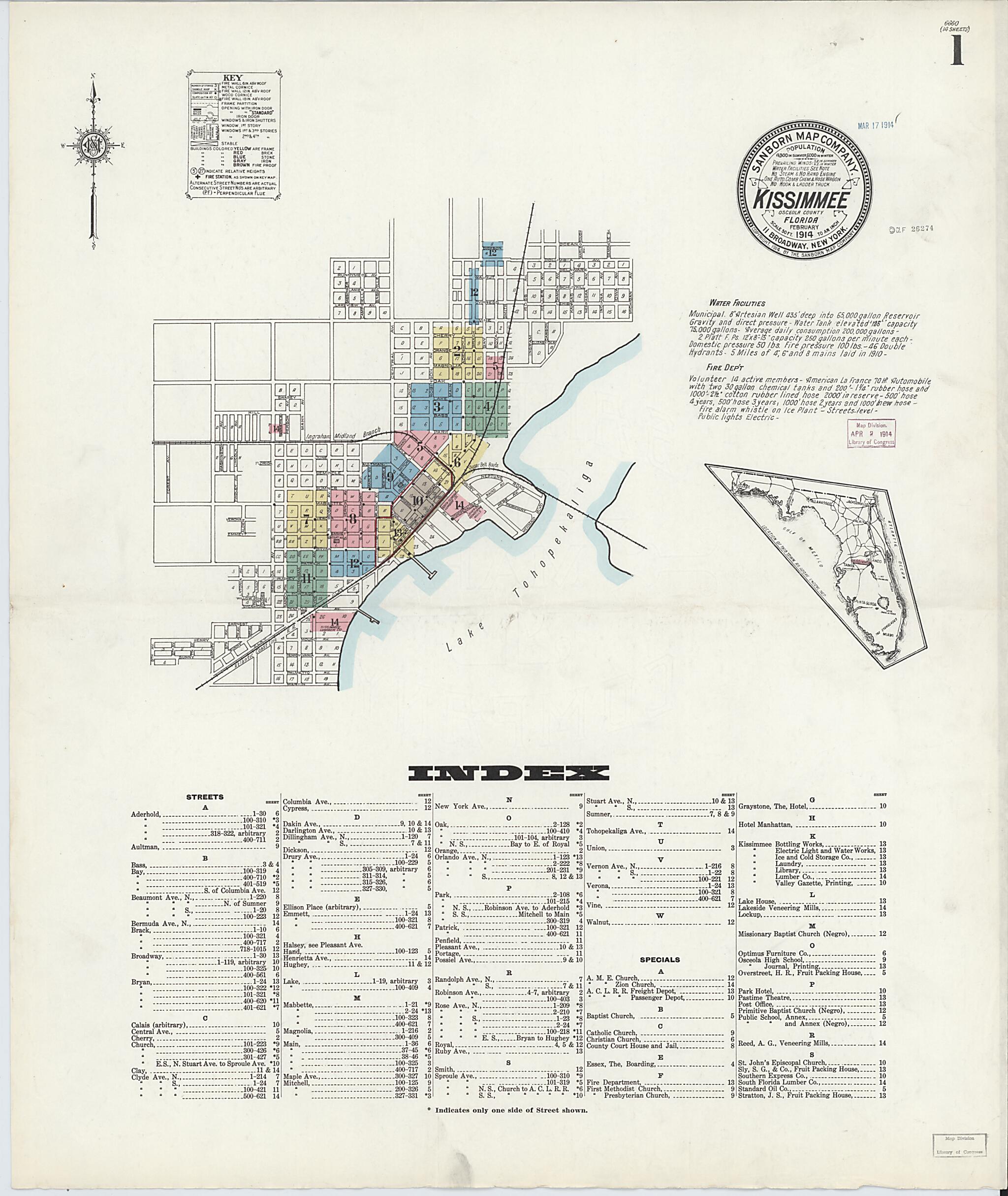 This old map of Kissimmee, Osceola County, Florida was created by Sanborn Map Company in 1914