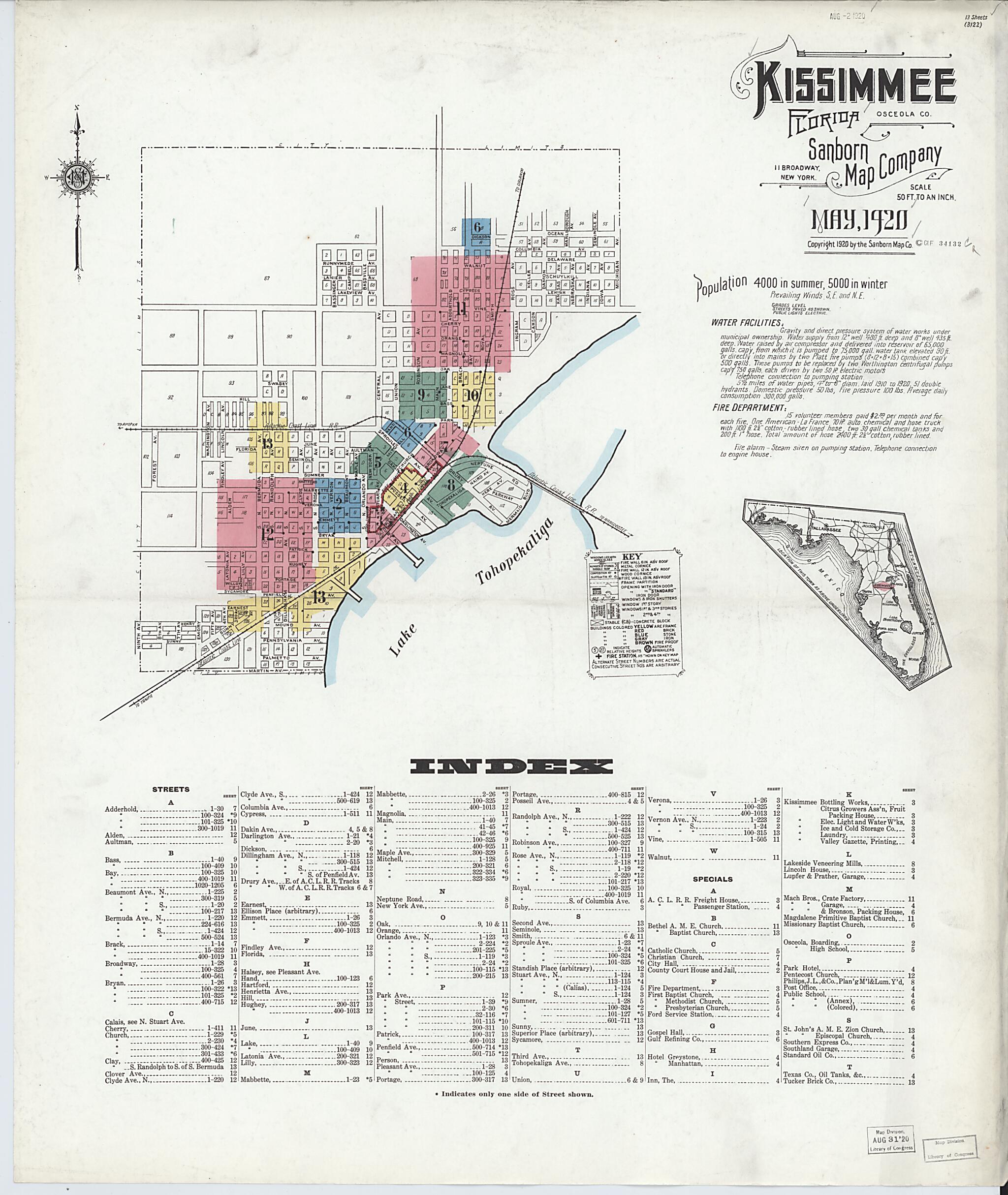 This old map of Kissimmee, Osceola County, Florida was created by Sanborn Map Company in 1920