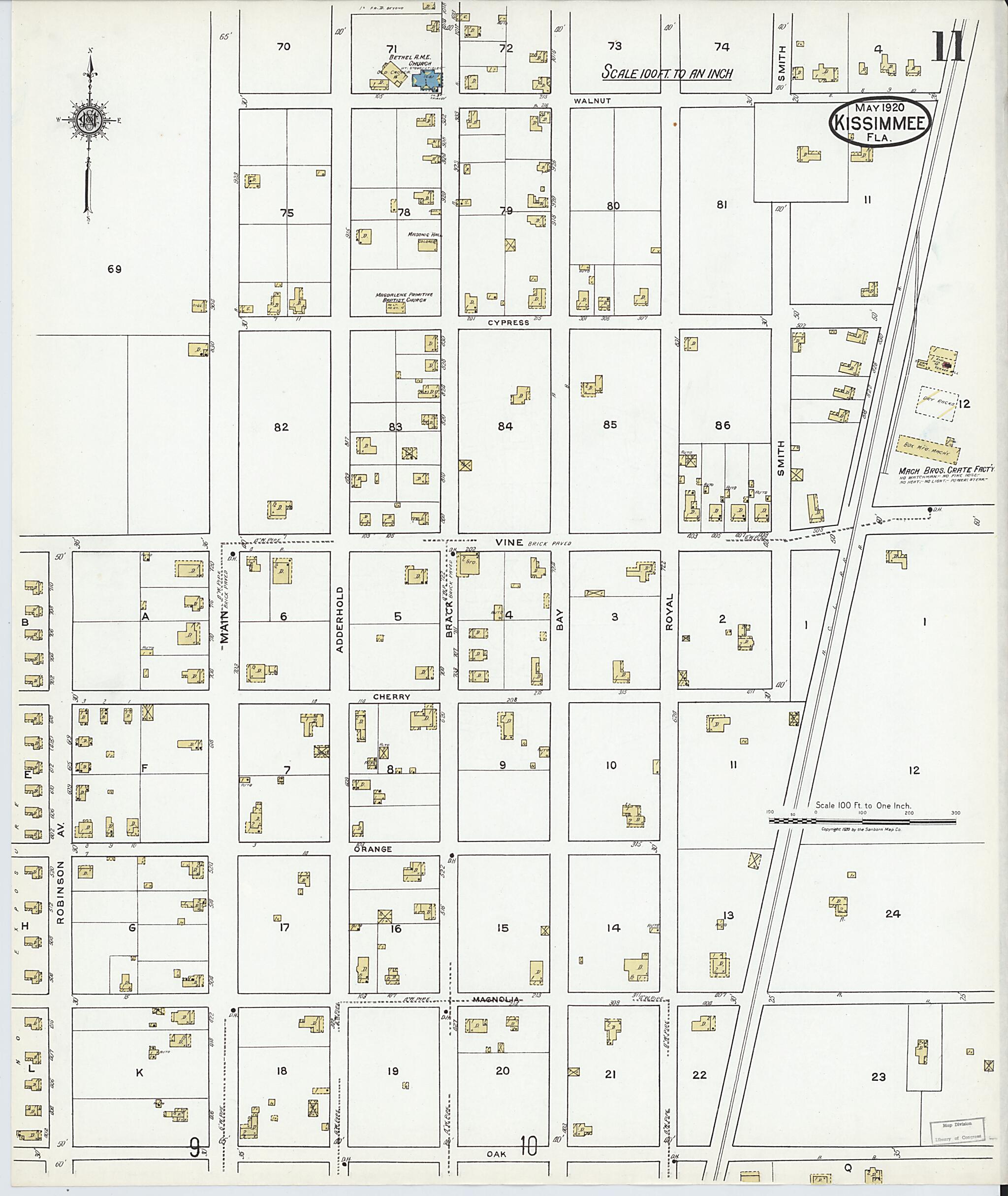 This old map of Kissimmee, Osceola County, Florida was created by Sanborn Map Company in 1920