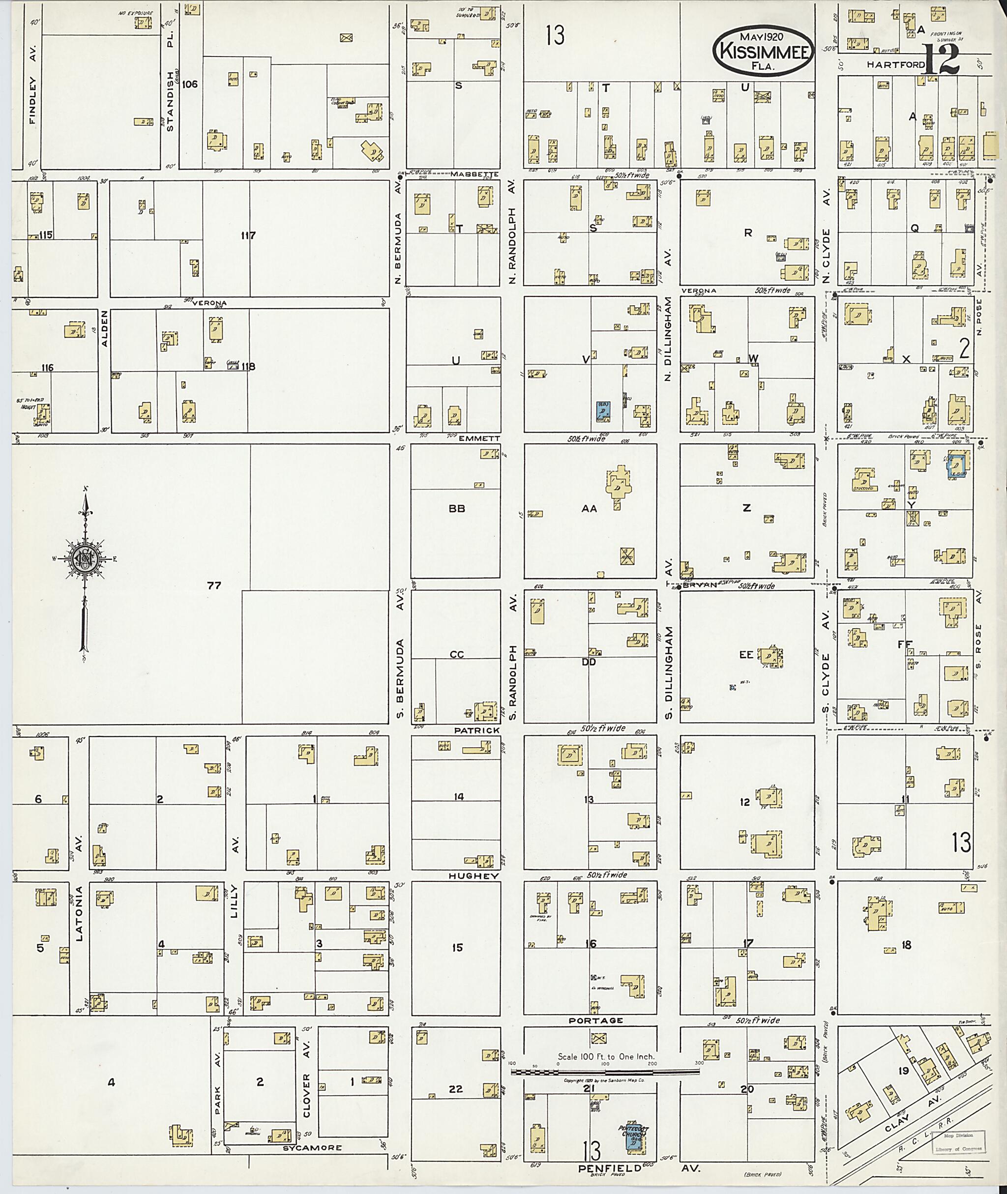 This old map of Kissimmee, Osceola County, Florida was created by Sanborn Map Company in 1920