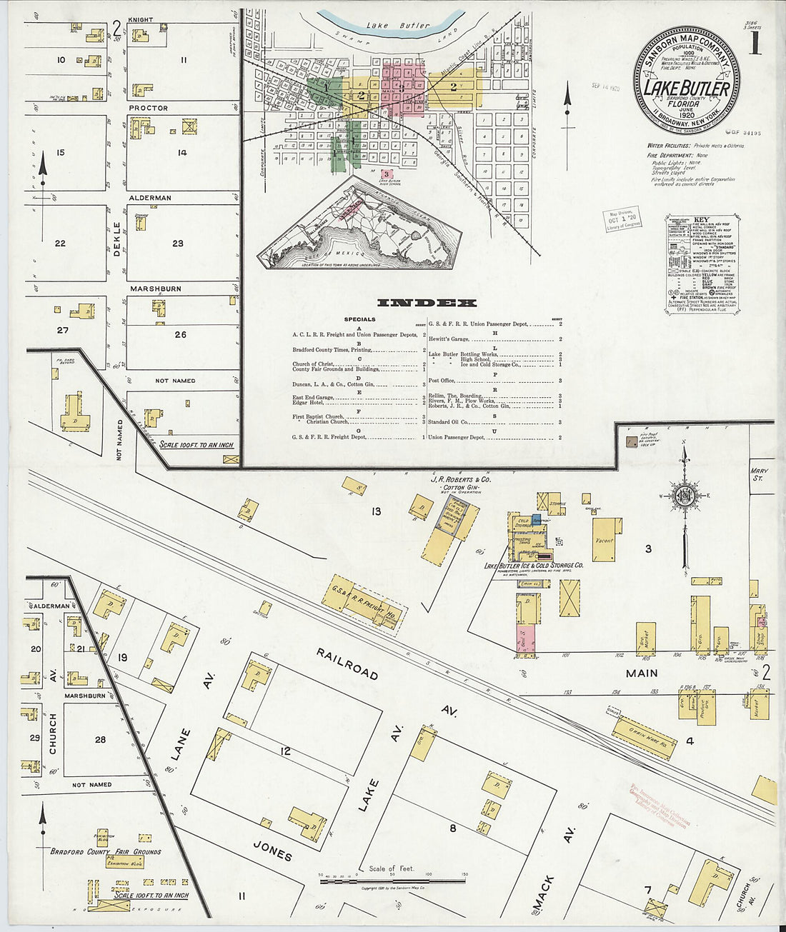 This old map of Lake Butler, Union County, Florida was created by Sanborn Map Company in 1920