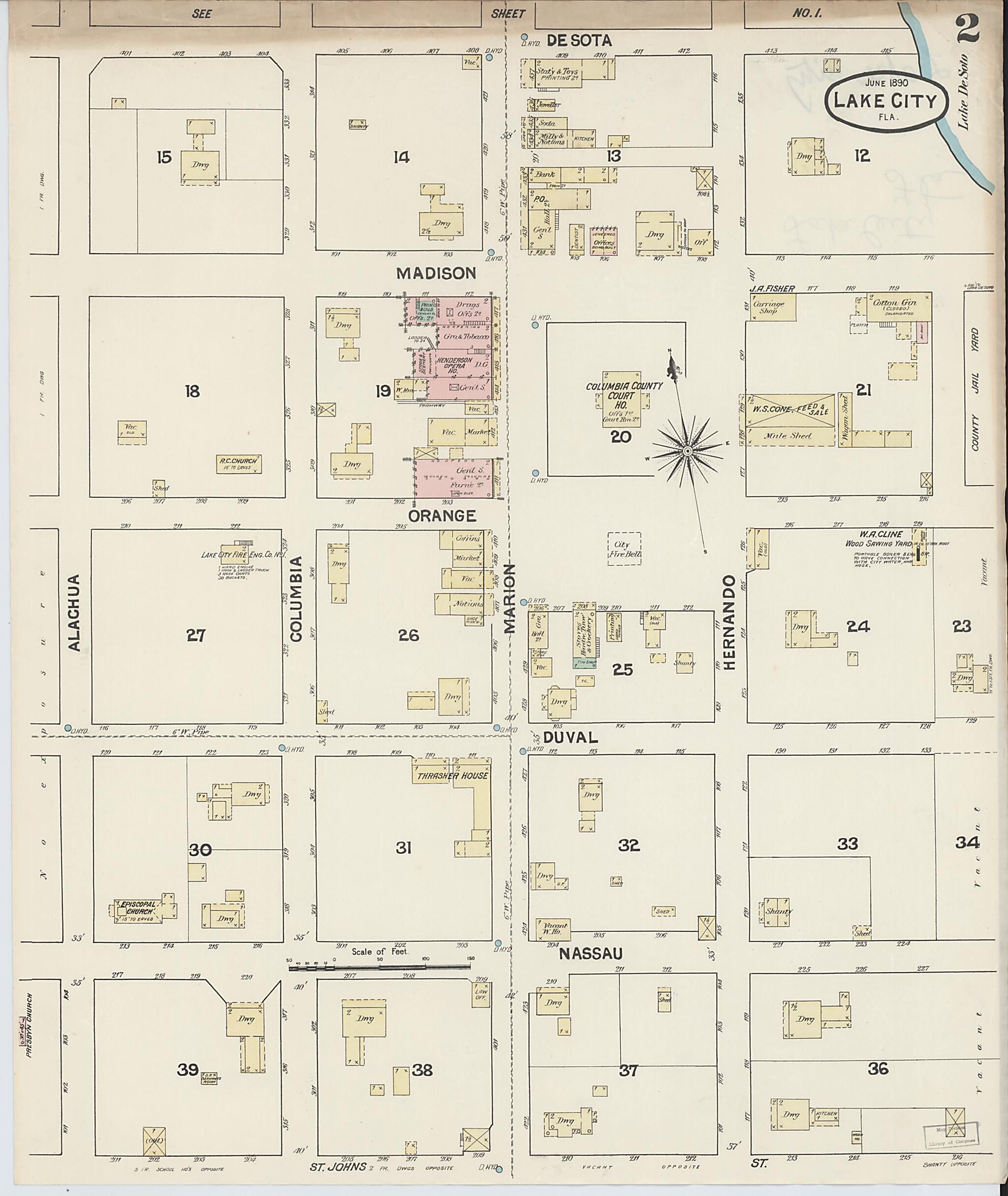 This old map of Lake City, Columbia County, Florida was created by Sanborn Map Company in 1890