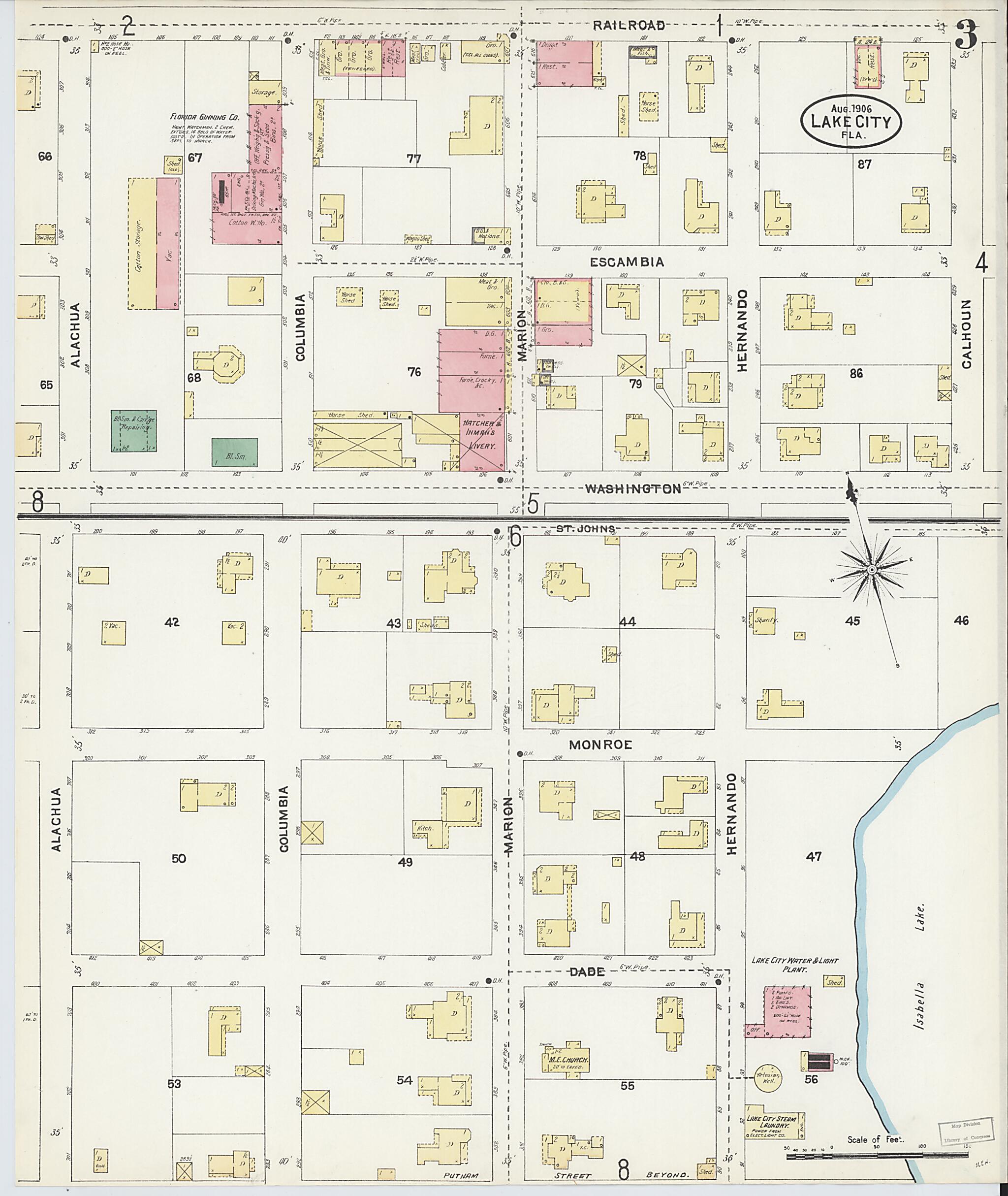 This old map of Lake City, Columbia County, Florida was created by Sanborn Map Company in 1906