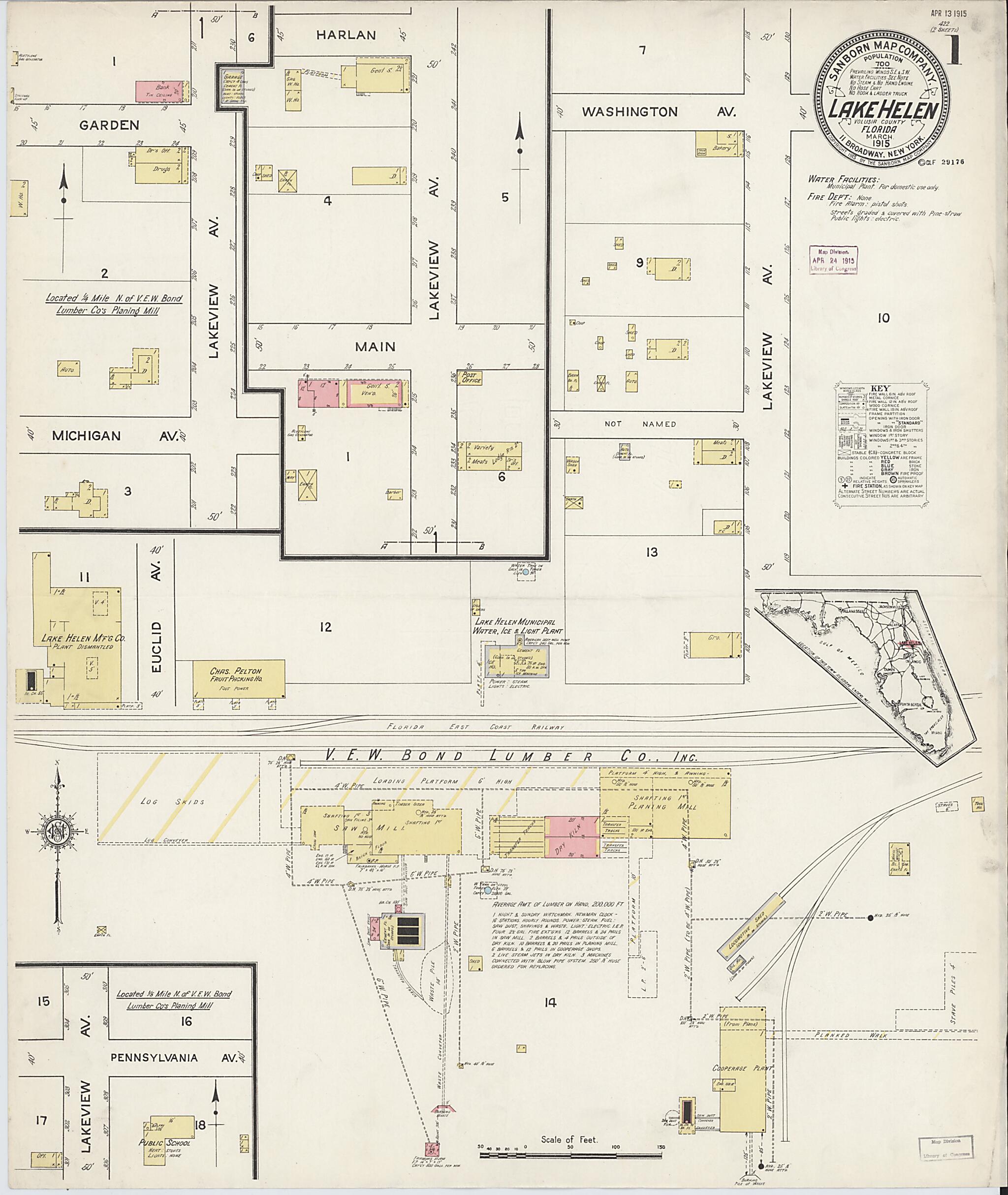 This old map of Lake Helen, Volusia County, Florida was created by Sanborn Map Company in 1915