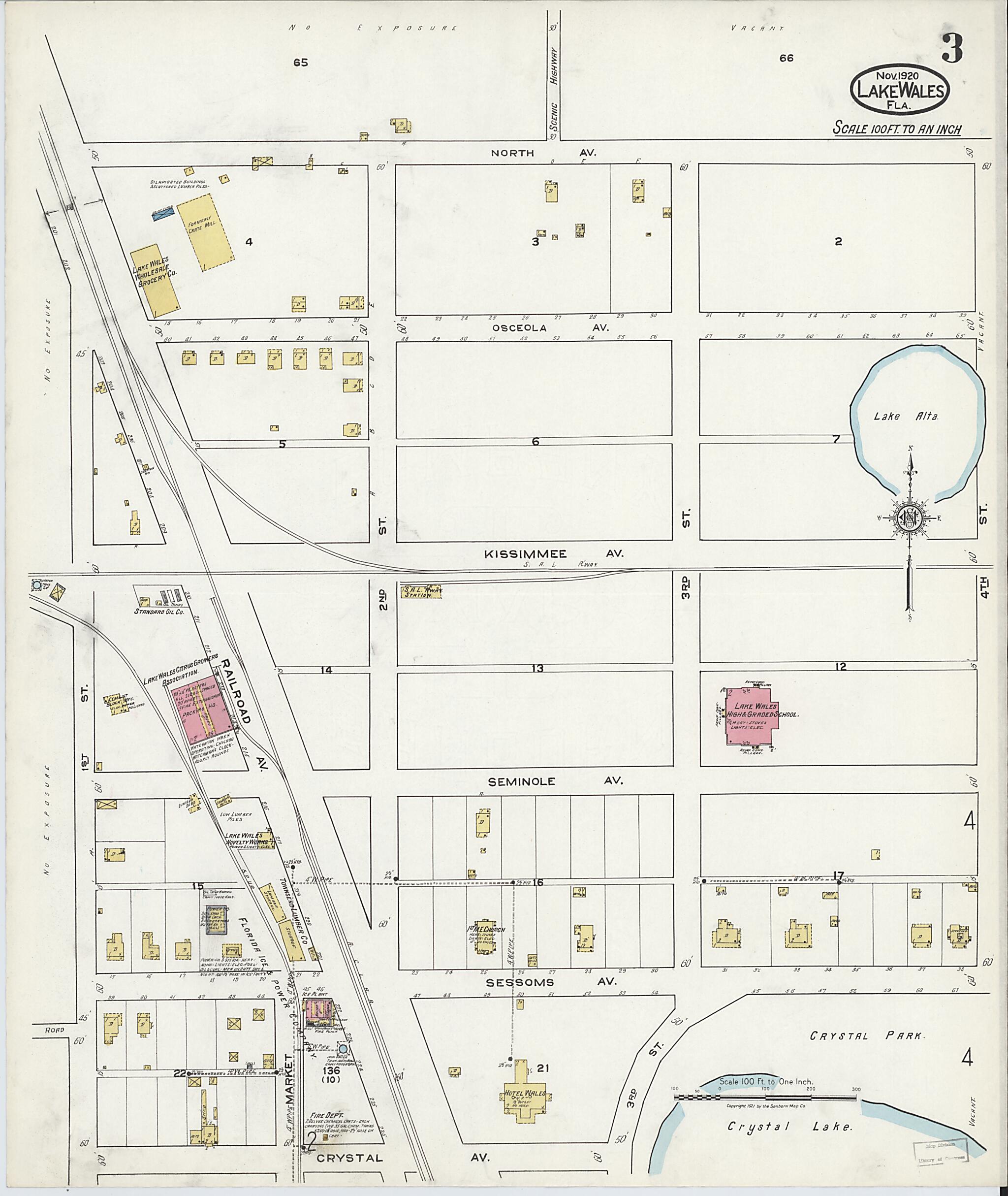 This old map of Lake Wales, Polk County, Florida was created by Sanborn Map Company in 1920