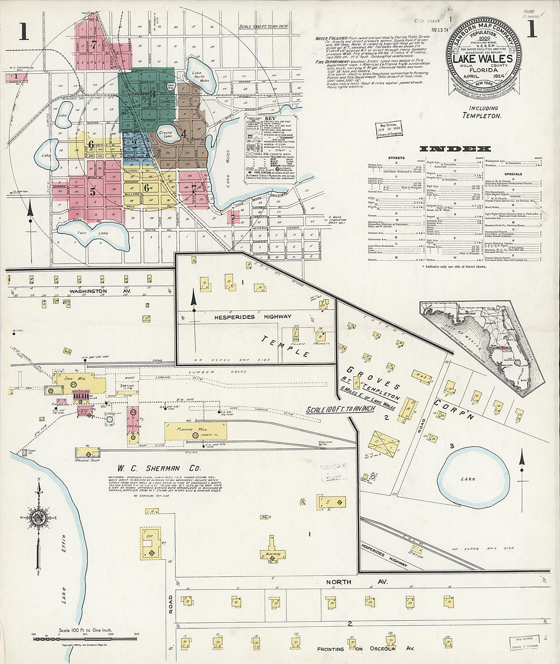 This old map of Lake Wales, Polk County, Florida was created by Sanborn Map Company in 1924