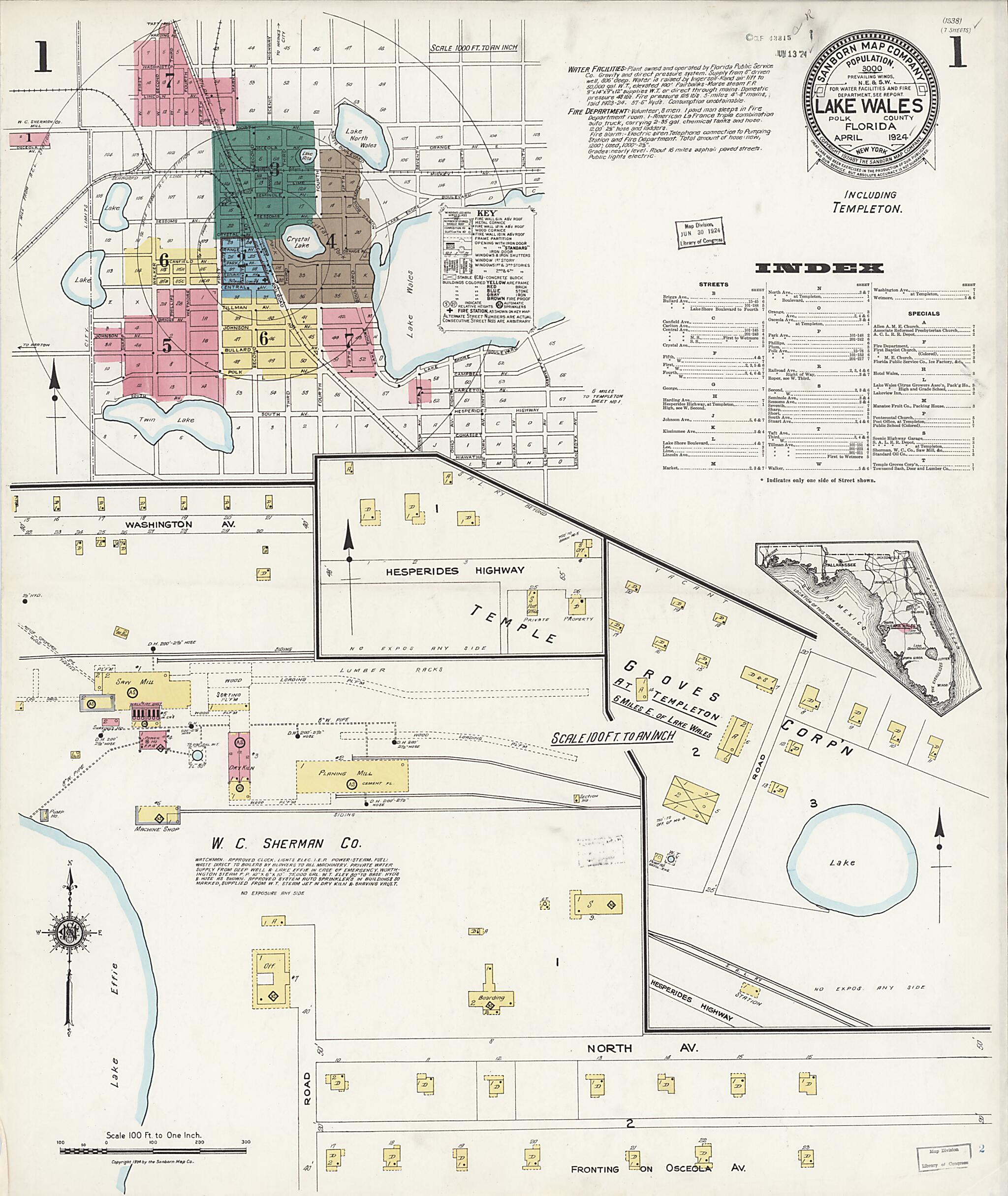 This old map of Lake Wales, Polk County, Florida was created by Sanborn Map Company in 1924