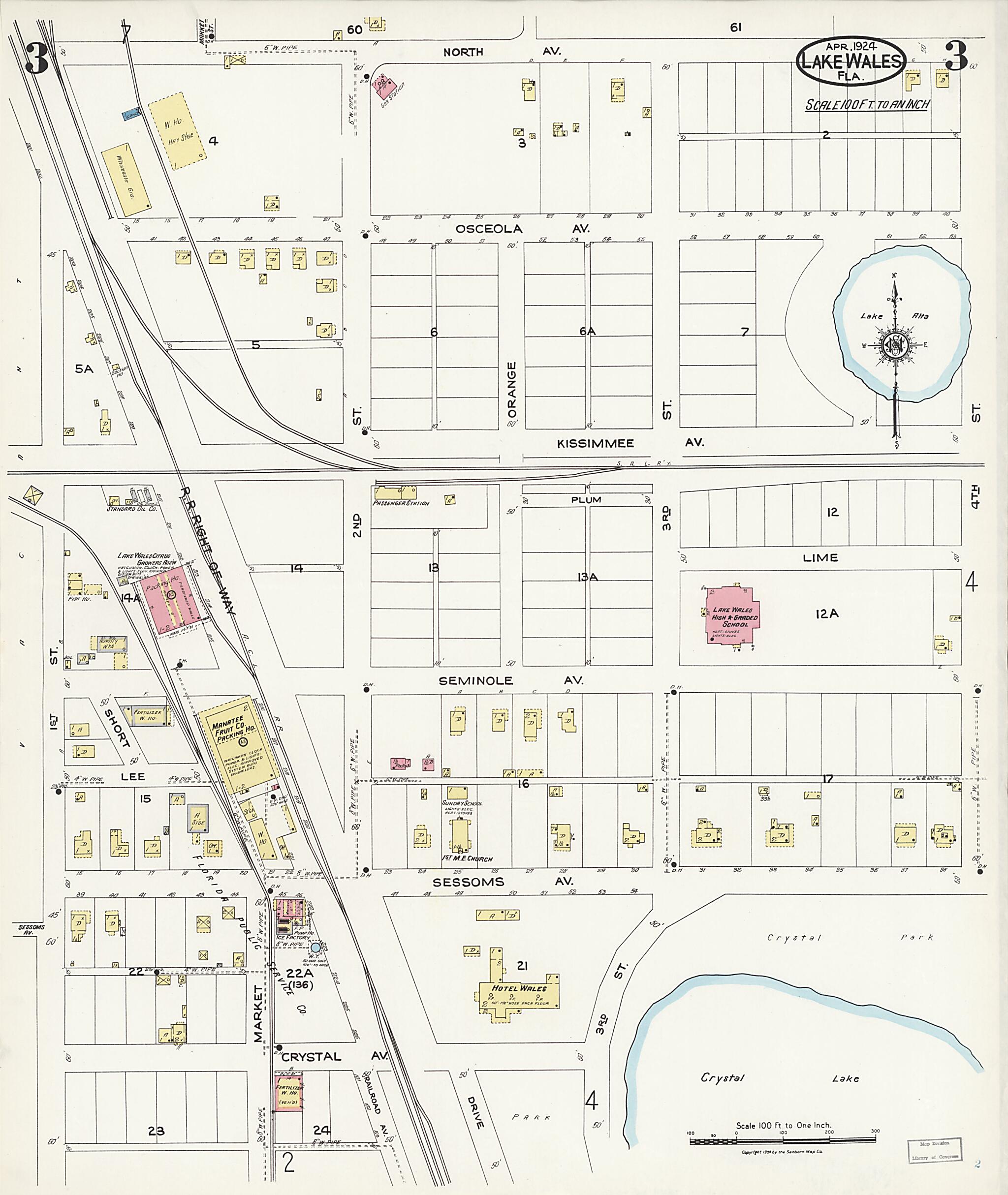 This old map of Lake Wales, Polk County, Florida was created by Sanborn Map Company in 1924