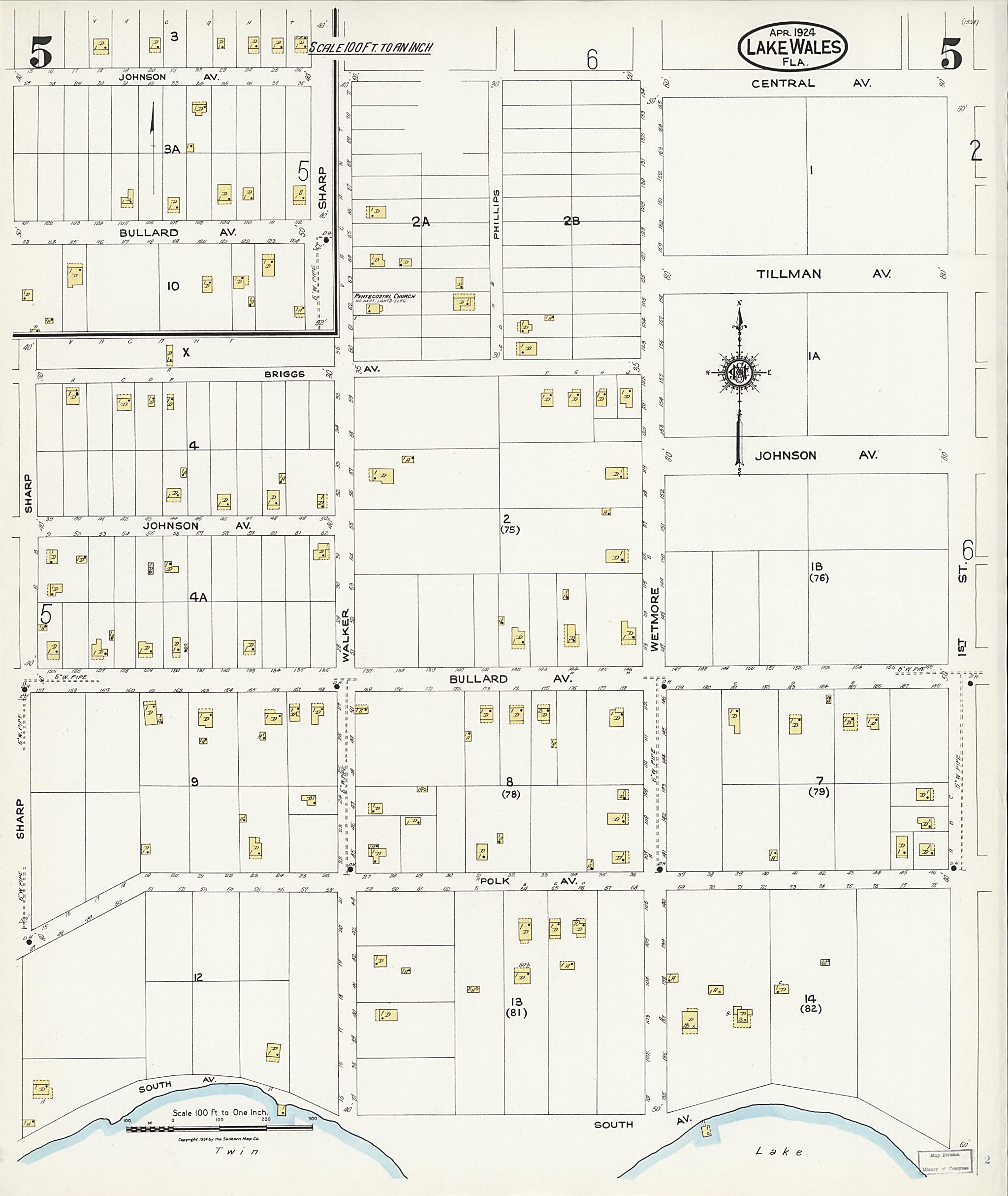 This old map of Lake Wales, Polk County, Florida was created by Sanborn Map Company in 1924