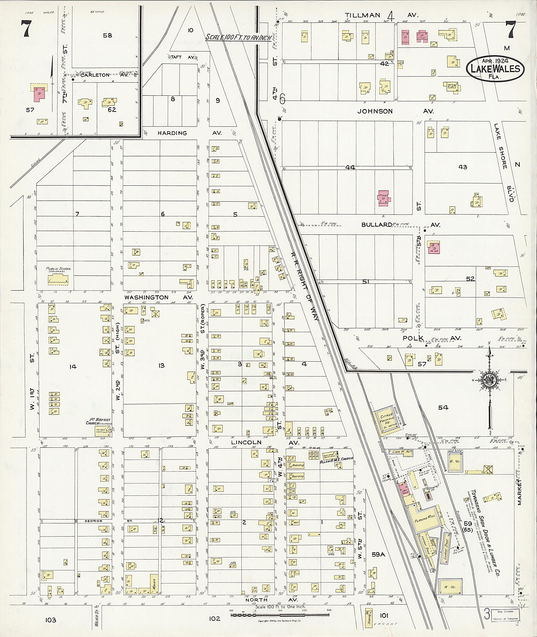 This old map of Lake Wales, Polk County, Florida was created by Sanborn Map Company in 1924