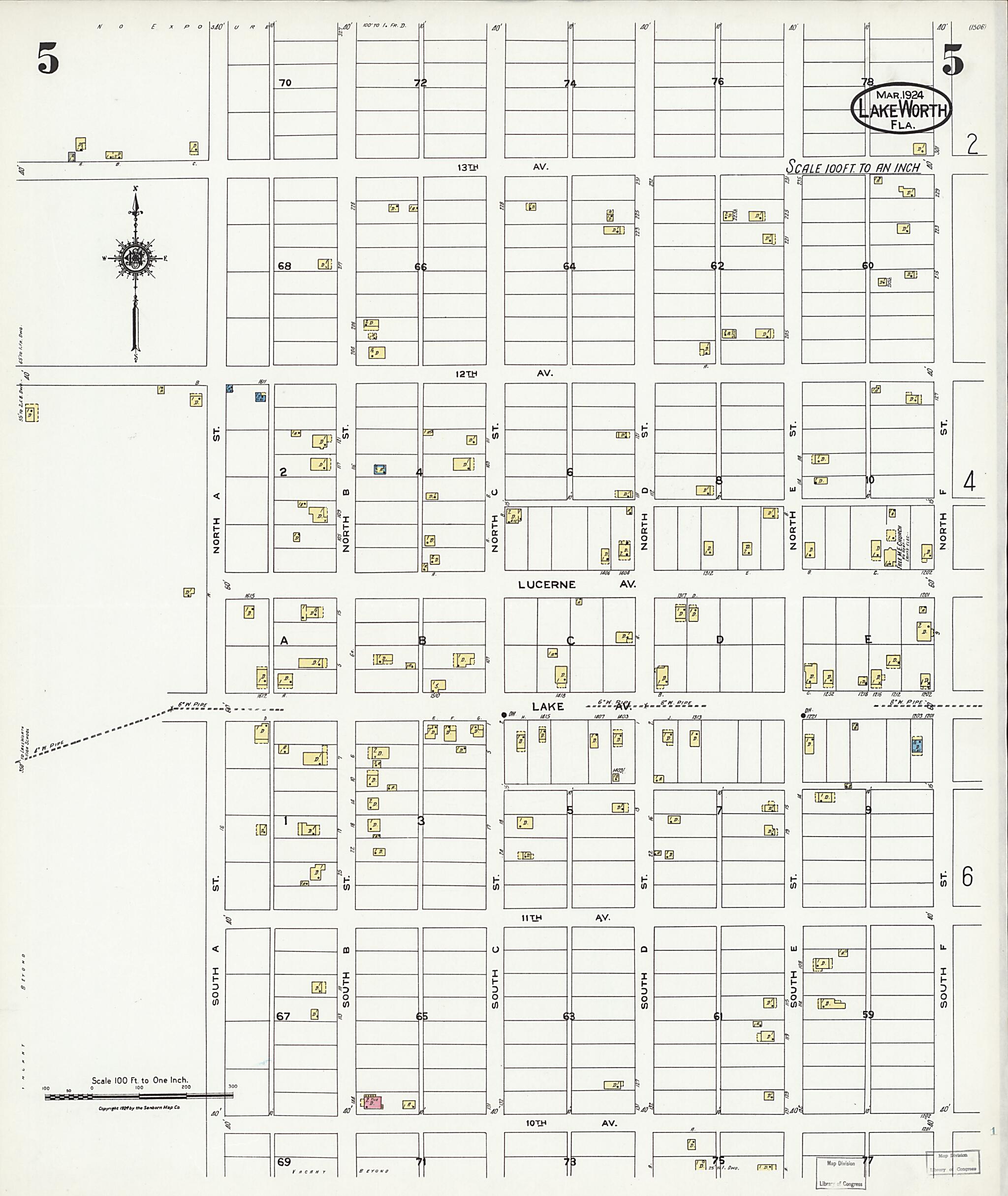 This old map of Lake Worth, Palm Beach County, Florida was created by Sanborn Map Company in 1924