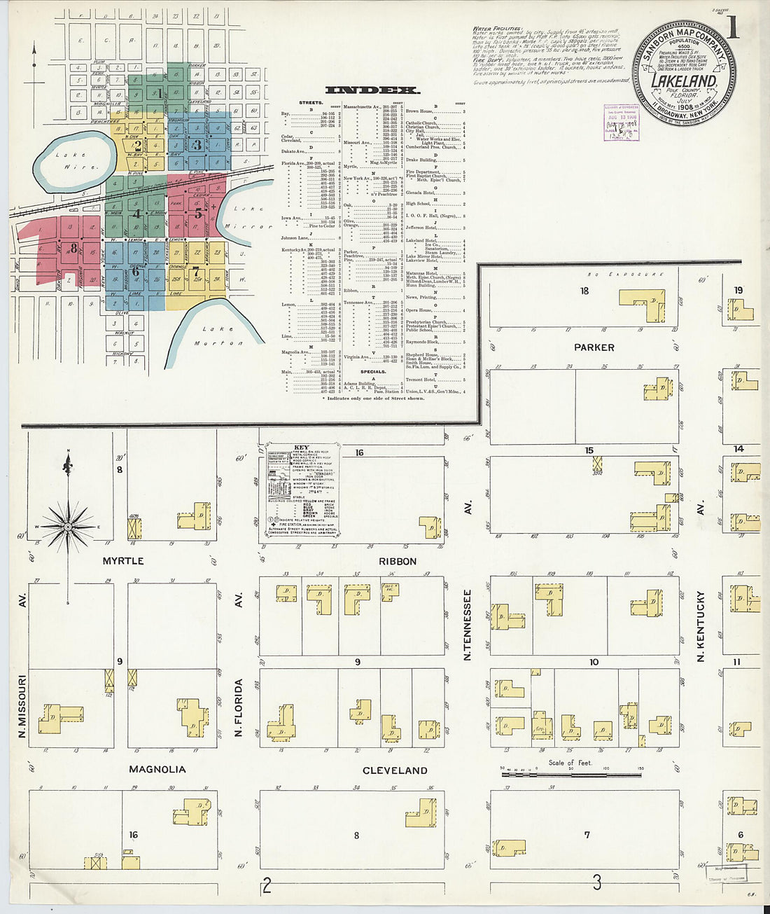 This old map of Lakeland, Polk County, Florida was created by Sanborn Map Company in 1908