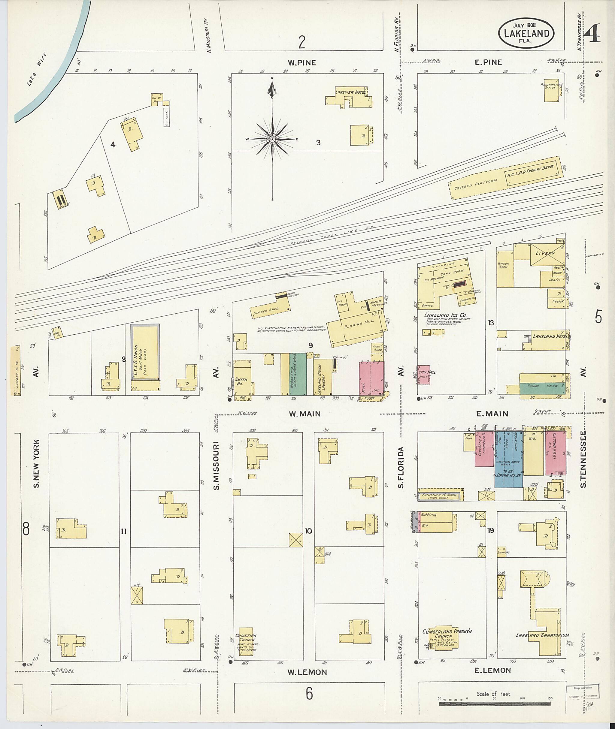 This old map of Lakeland, Polk County, Florida was created by Sanborn Map Company in 1908