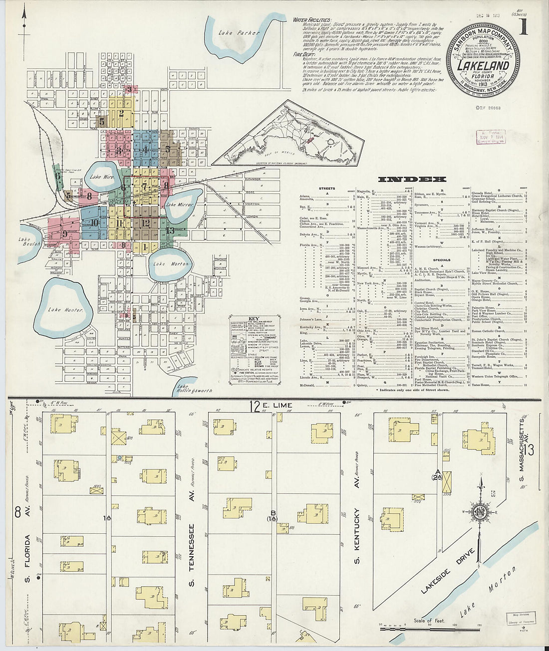 This old map of Lakeland, Polk County, Florida was created by Sanborn Map Company in 1913