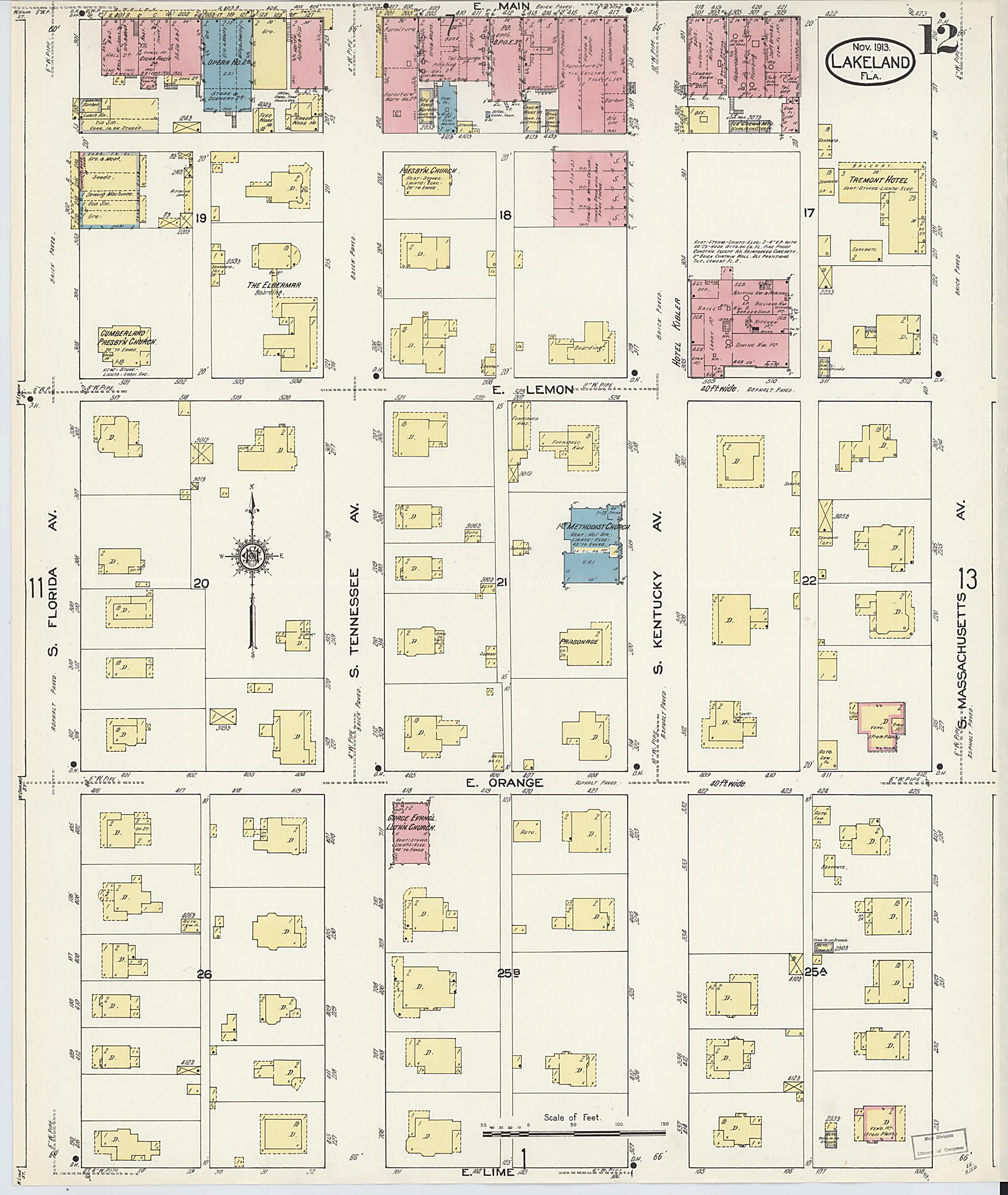 This old map of Lakeland, Polk County, Florida was created by Sanborn Map Company in 1913