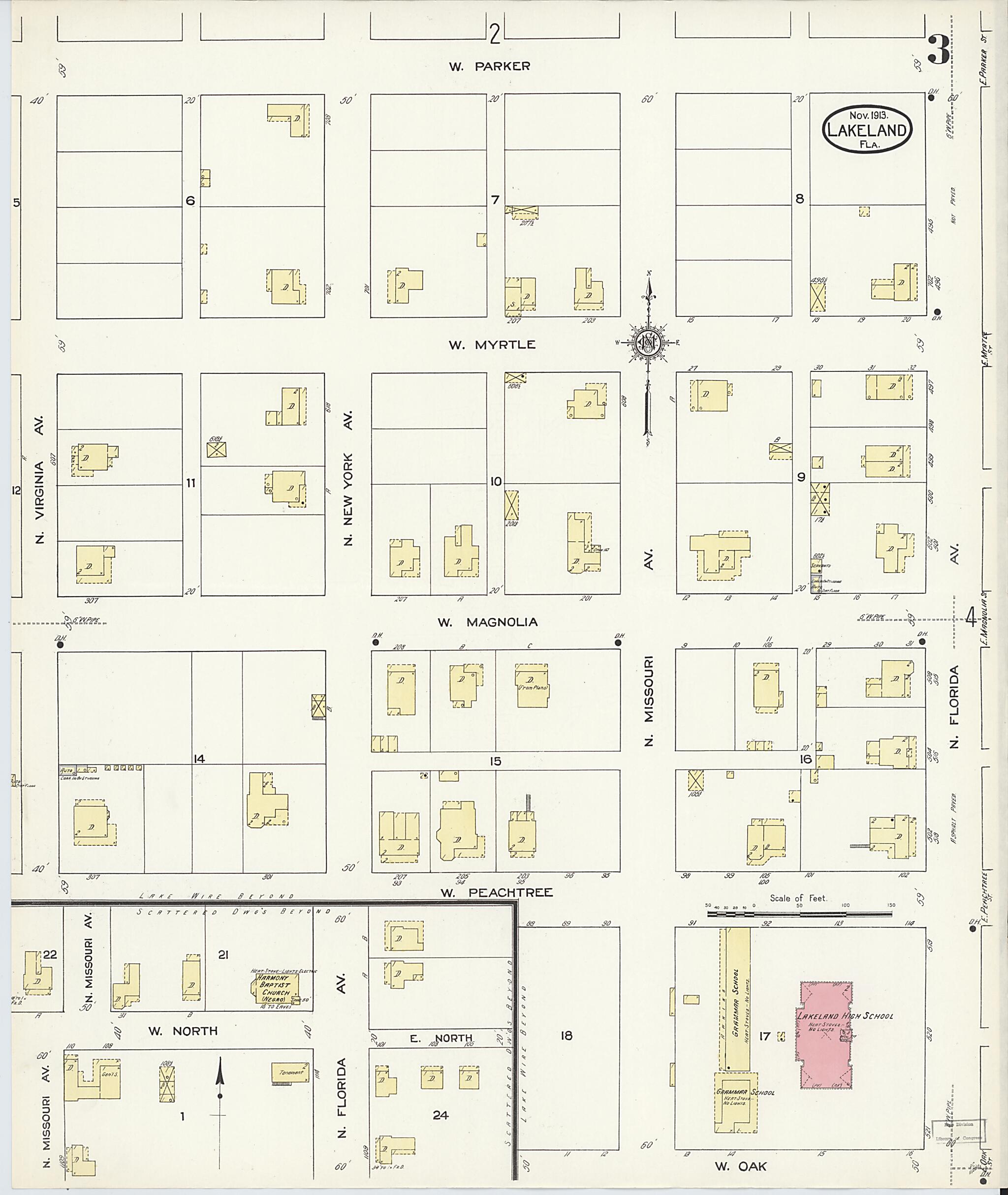 This old map of Lakeland, Polk County, Florida was created by Sanborn Map Company in 1913
