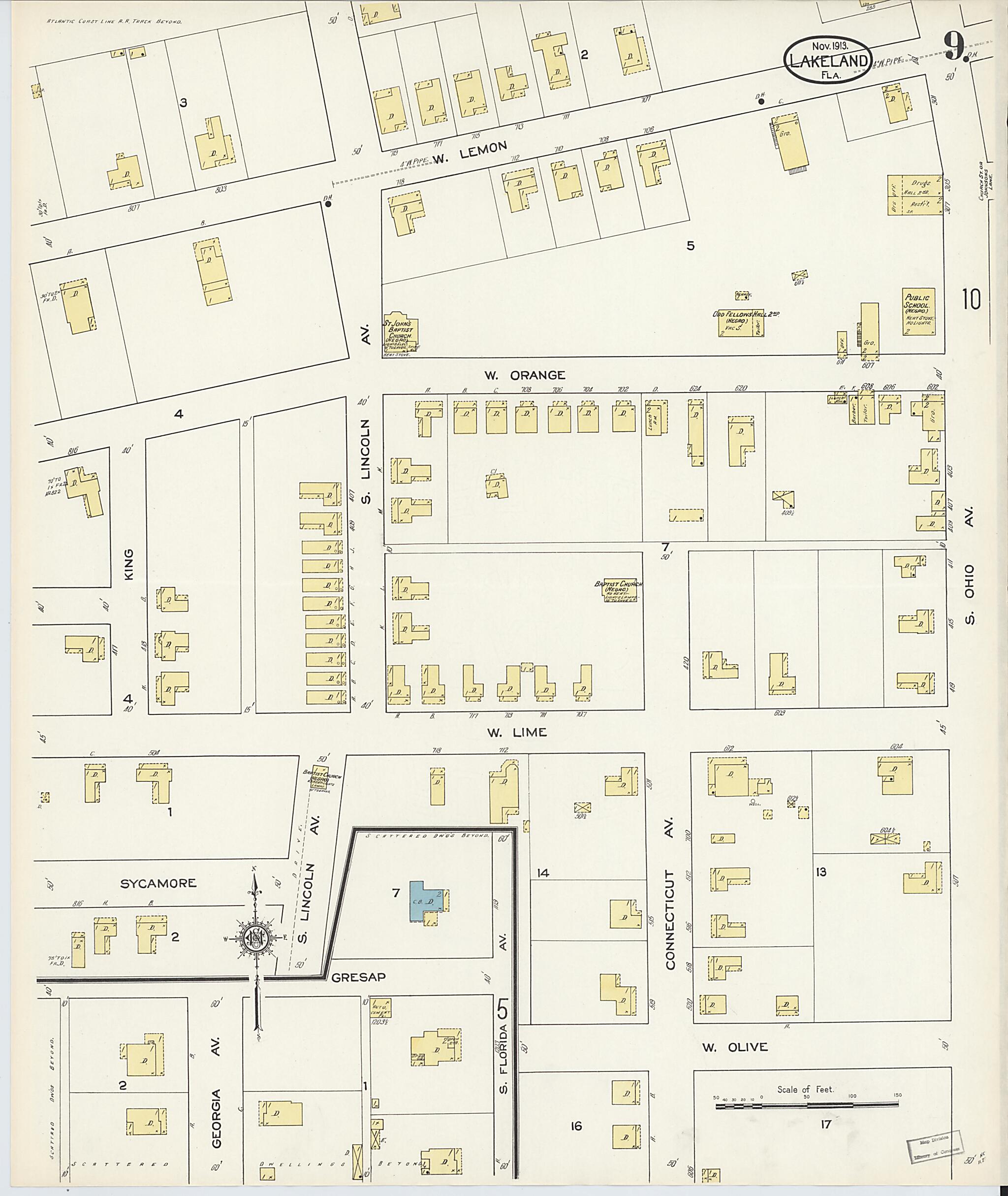 This old map of Lakeland, Polk County, Florida was created by Sanborn Map Company in 1913
