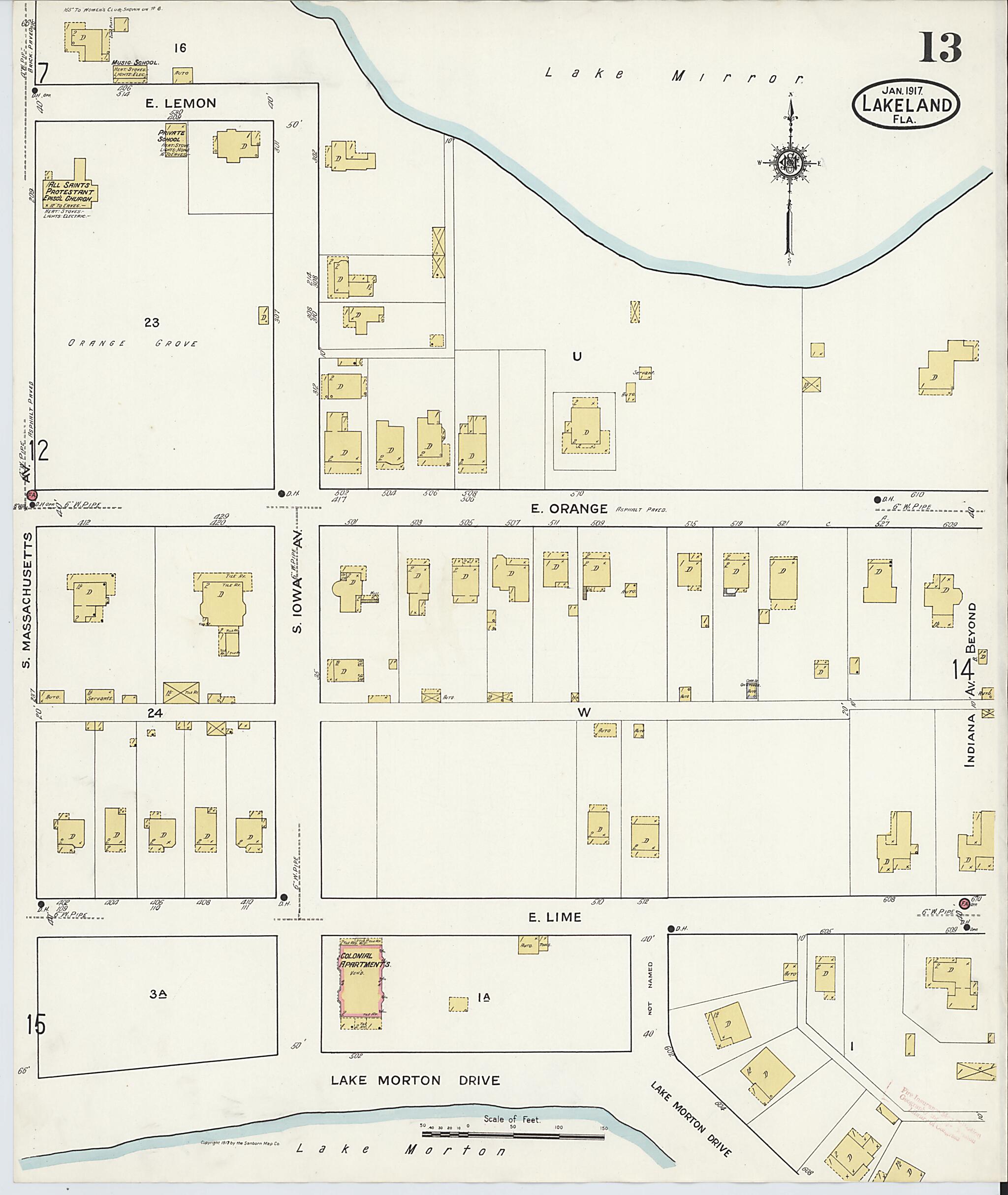 This old map of Lakeland, Polk County, Florida was created by Sanborn Map Company in 1917