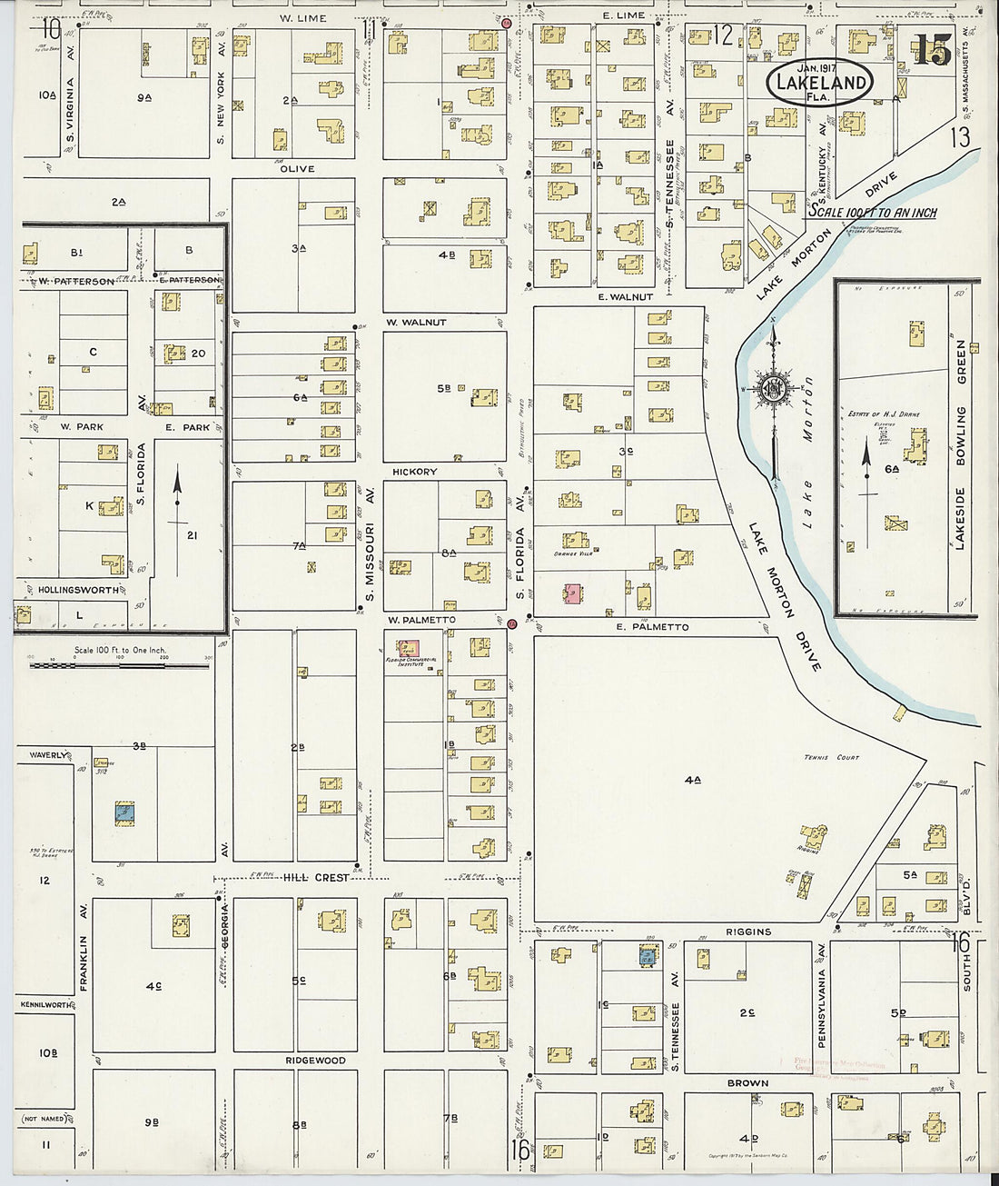 This old map of Lakeland, Polk County, Florida was created by Sanborn Map Company in 1917
