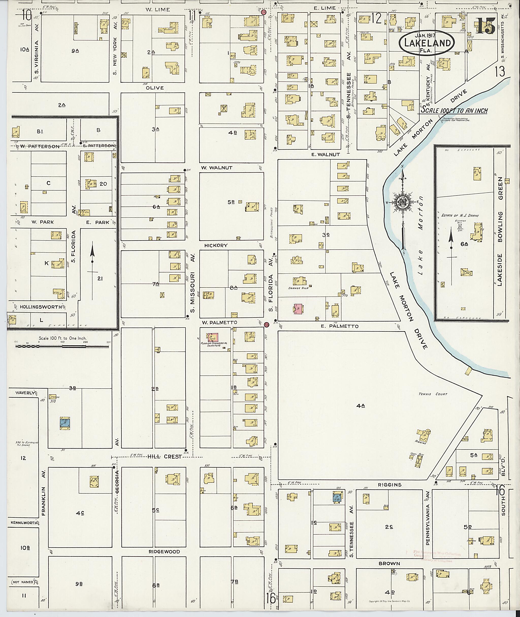 This old map of Lakeland, Polk County, Florida was created by Sanborn Map Company in 1917