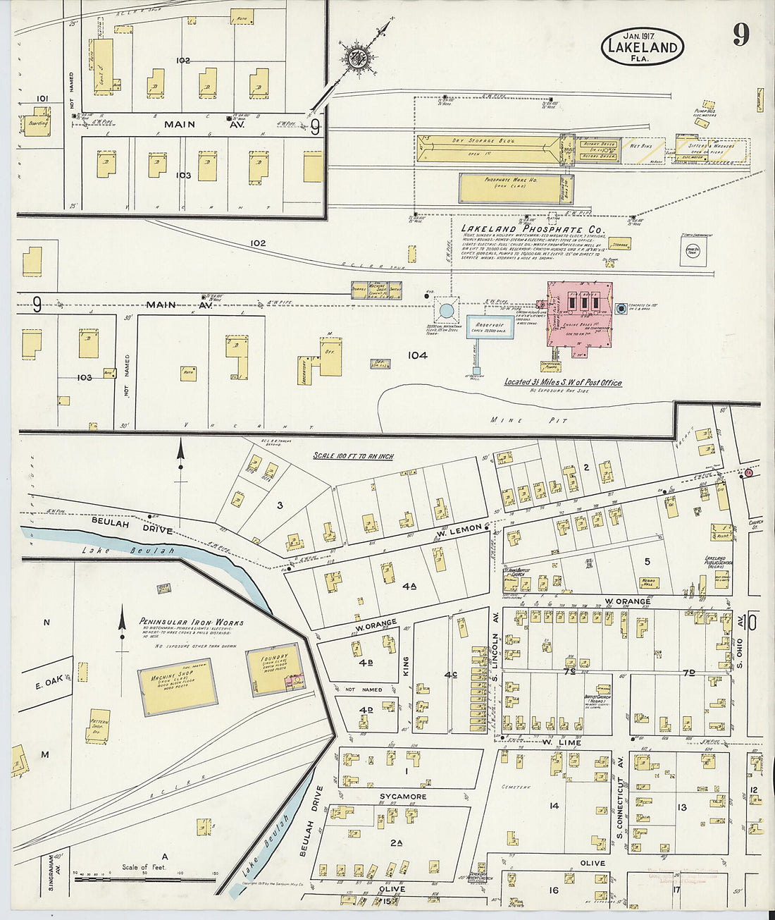 This old map of Lakeland, Polk County, Florida was created by Sanborn Map Company in 1917