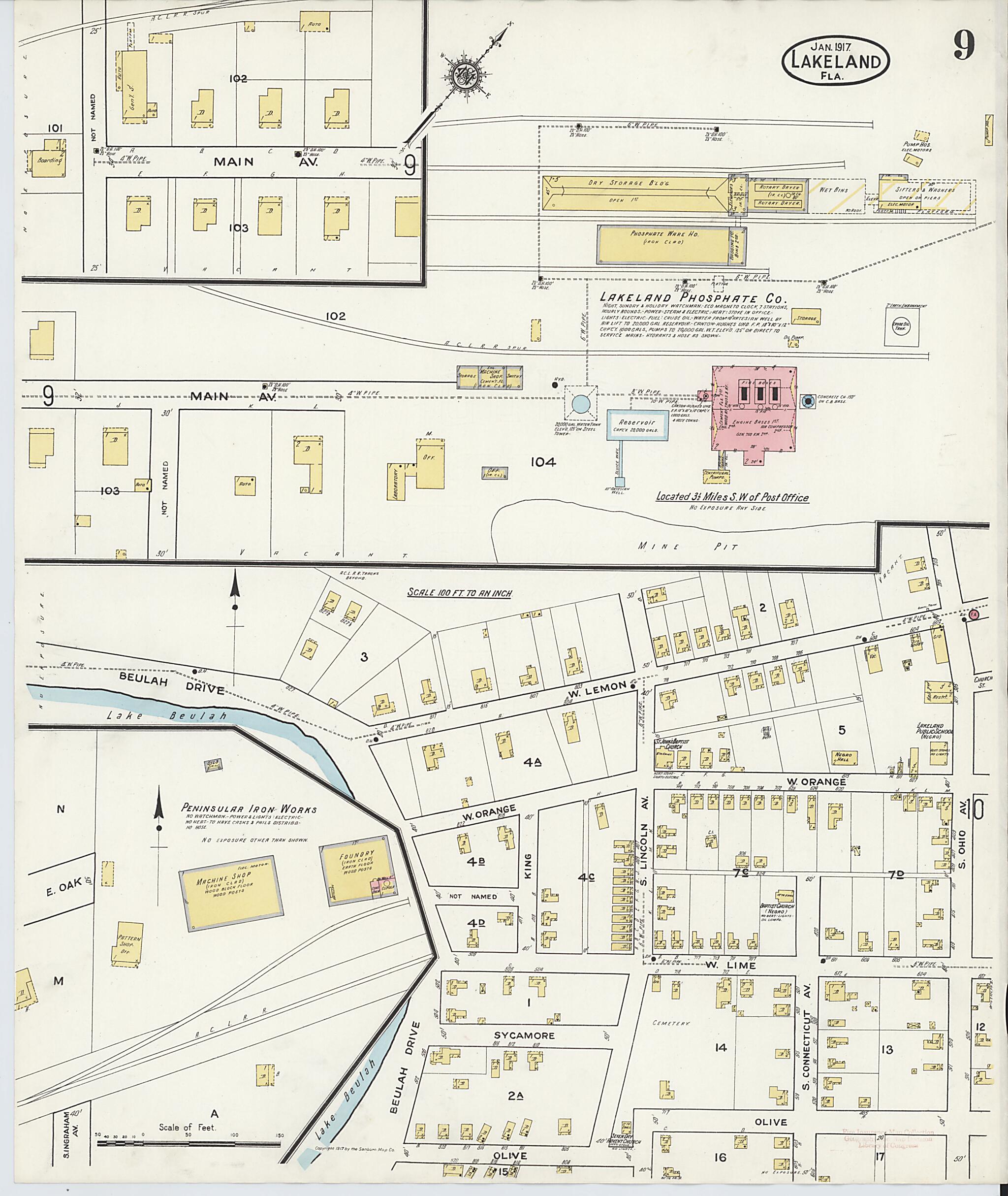 This old map of Lakeland, Polk County, Florida was created by Sanborn Map Company in 1917