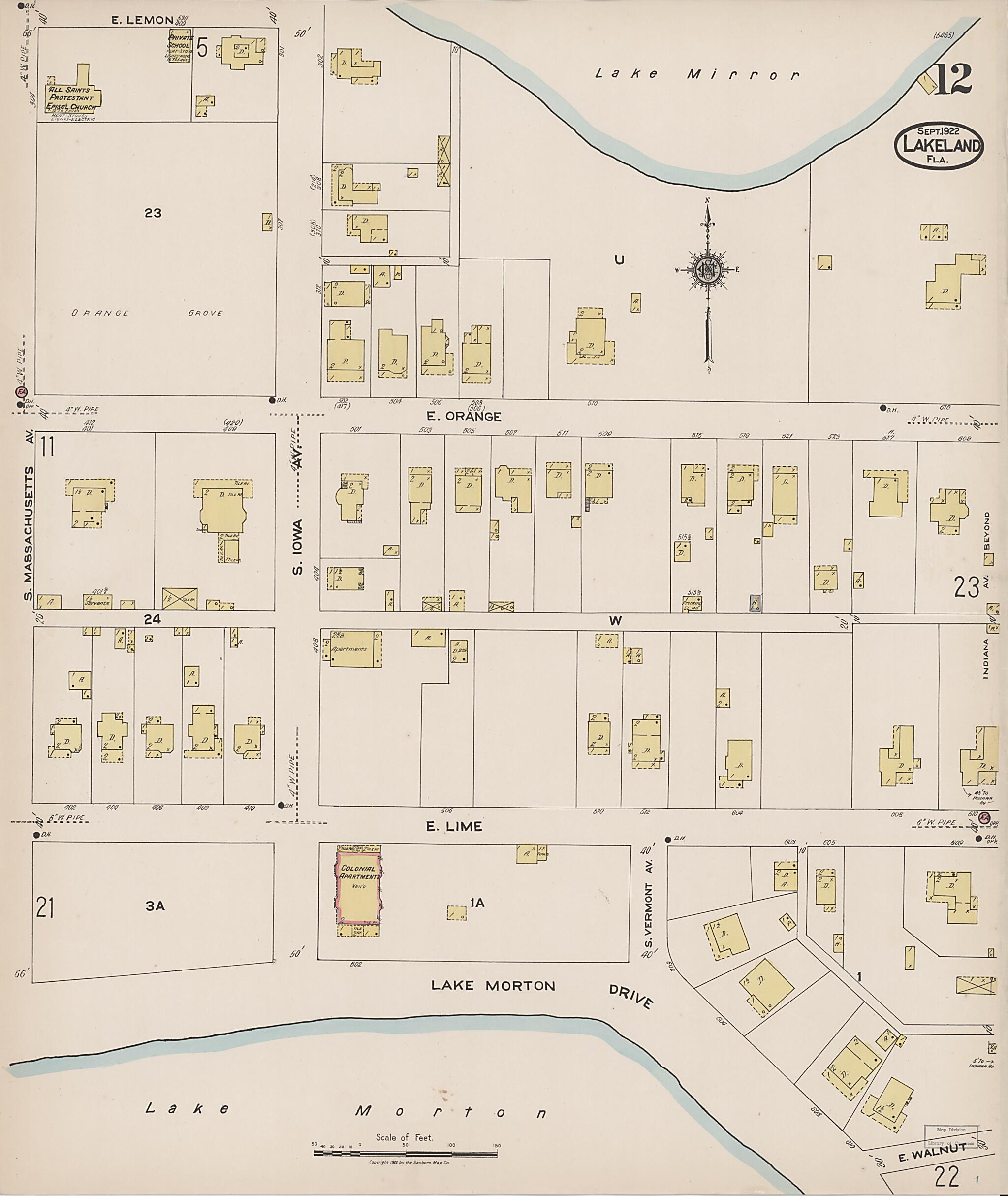 This old map of Lakeland, Polk County, Florida was created by Sanborn Map Company in 1922