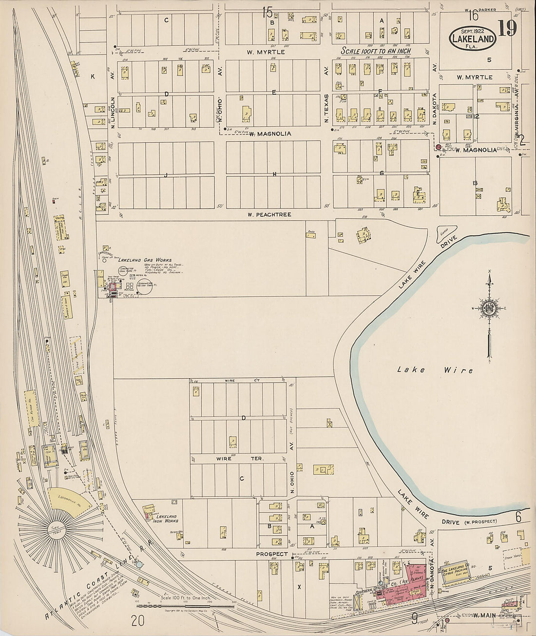 This old map of Lakeland, Polk County, Florida was created by Sanborn Map Company in 1922