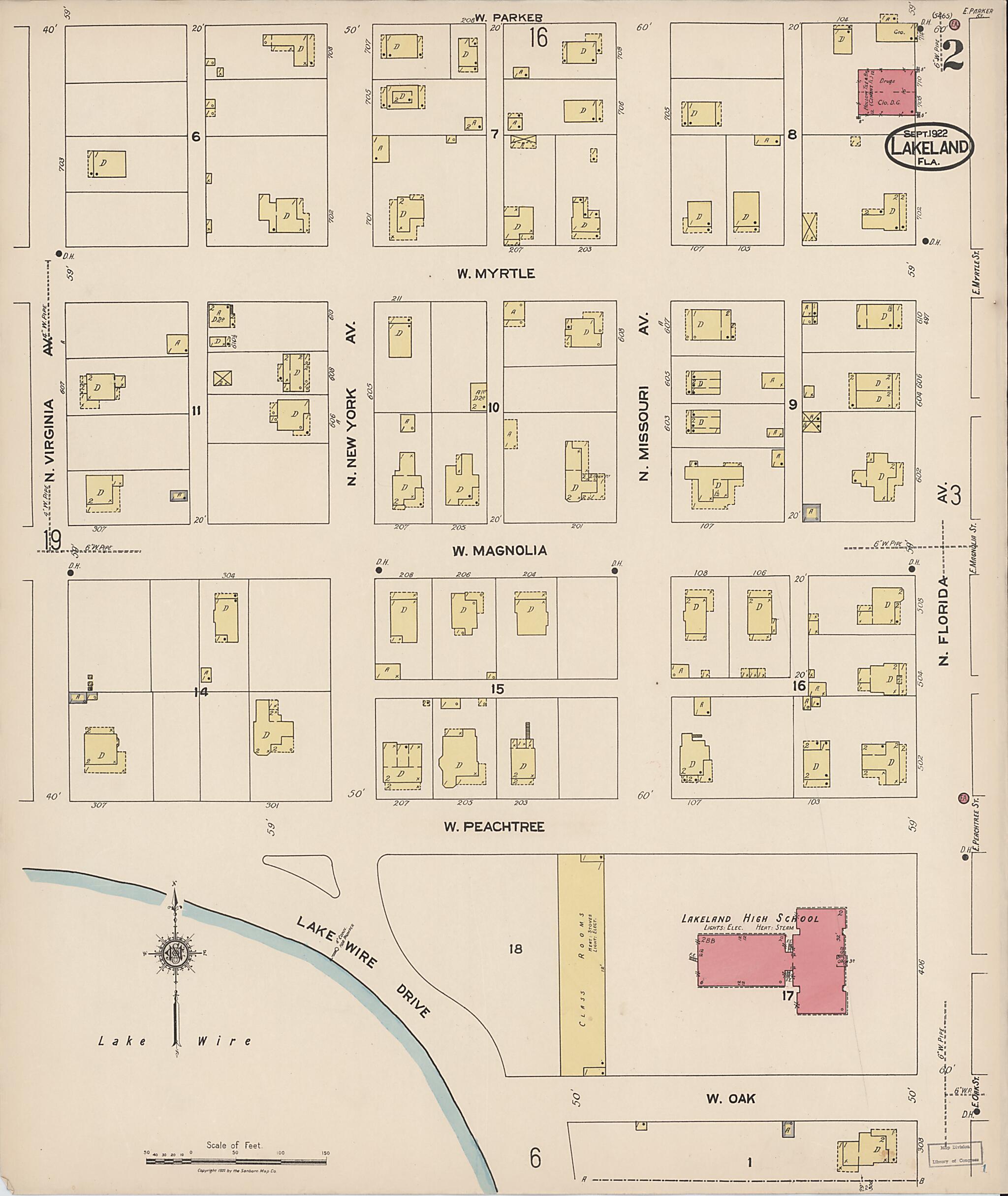 This old map of Lakeland, Polk County, Florida was created by Sanborn Map Company in 1922