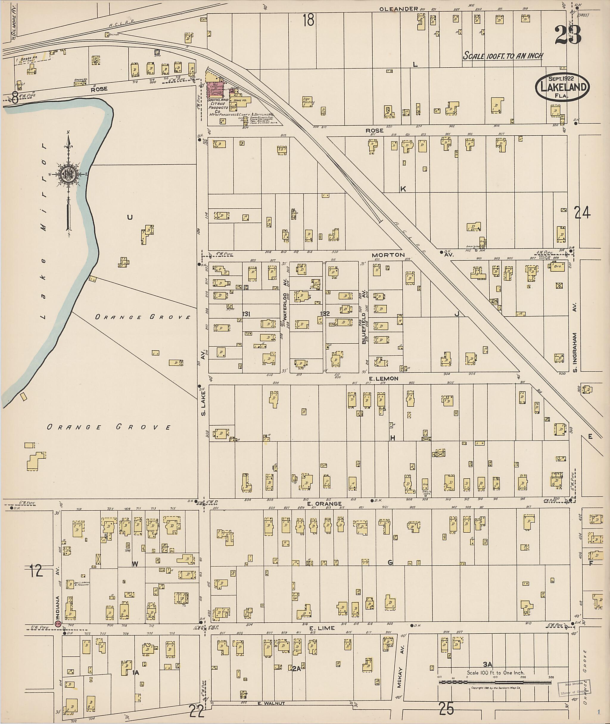This old map of Lakeland, Polk County, Florida was created by Sanborn Map Company in 1922